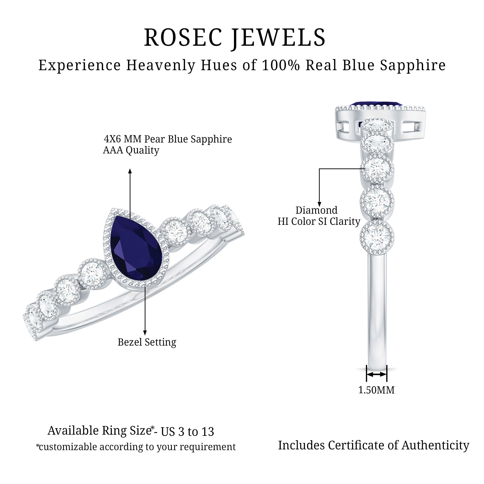 Pear Cut 0.5 Carat Blue Sapphire Engagement Ring with Diamonds AAA - Rosec Jewels