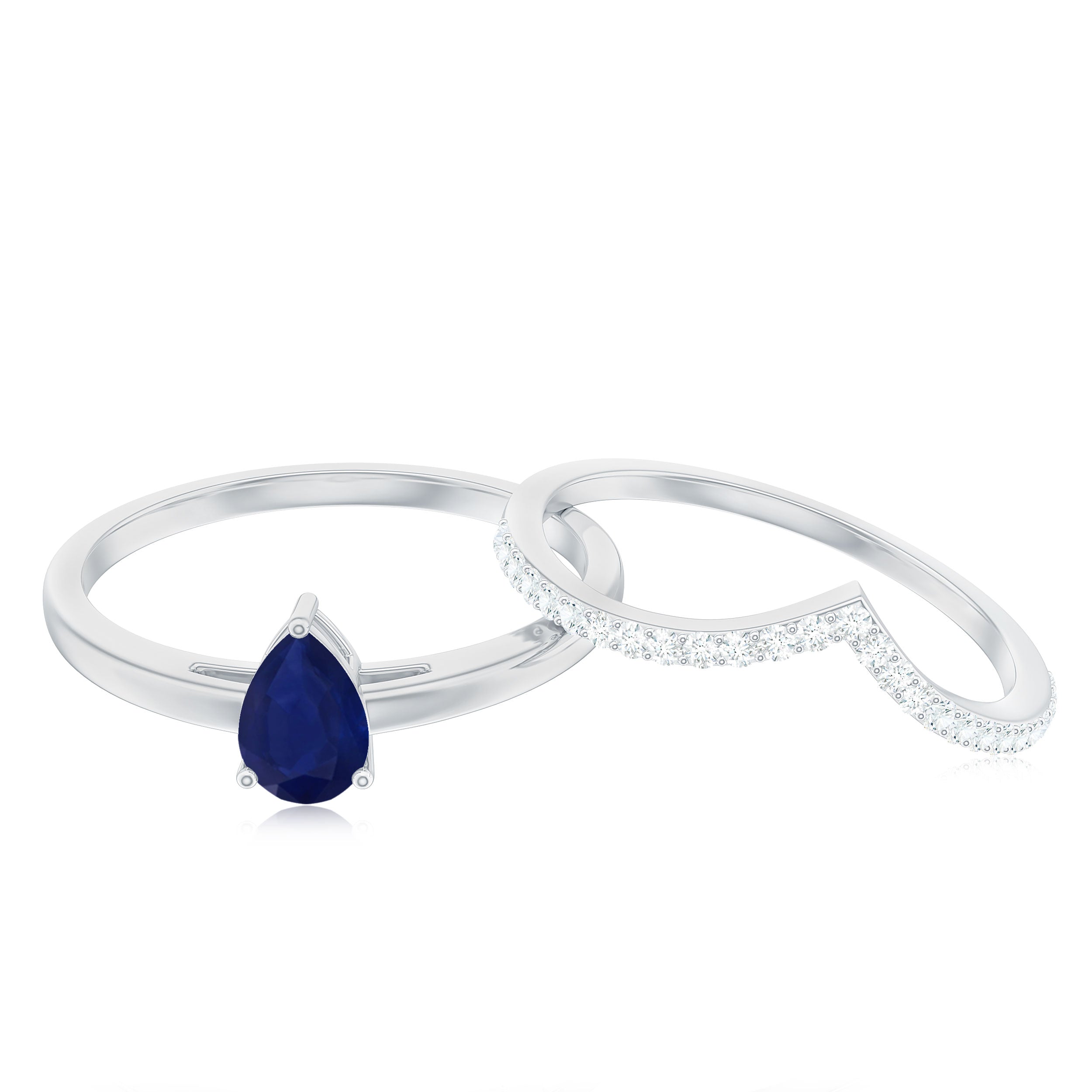 1 CT Pear Cut Blue Sapphire Solitaire Ring Set with Diamond Enhancer Band AAA - Rosec Jewels