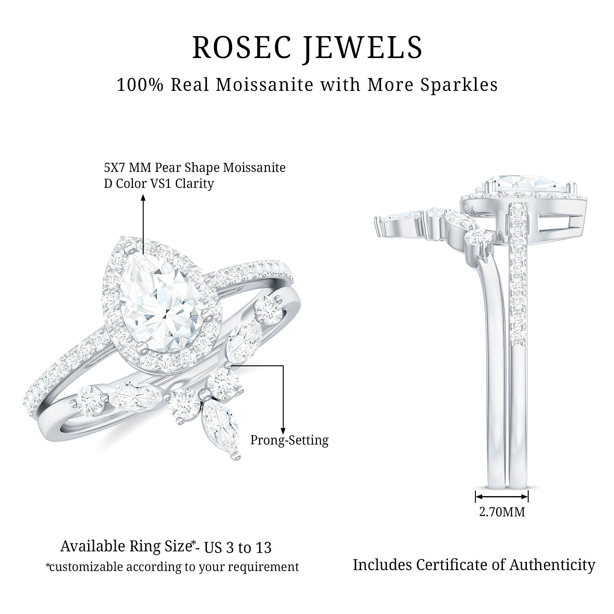 Pear Cut Moissanite Halo Bridal Ring Set with Certificate D-VS1 - Rosec Jewels