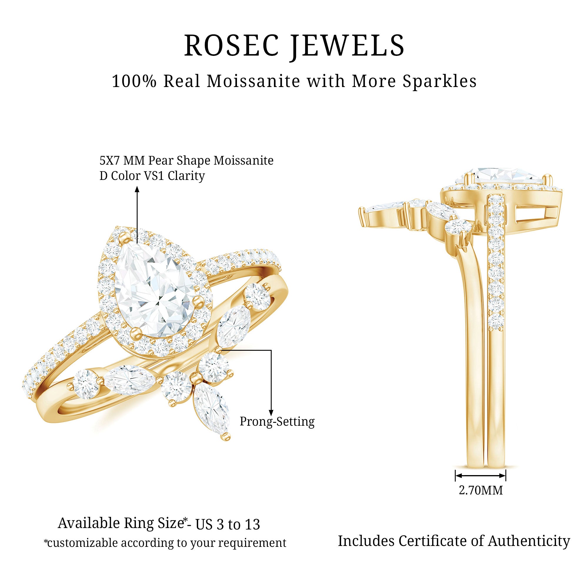 Pear Cut Moissanite Halo Bridal Ring Set with Certificate D-VS1 - Rosec Jewels