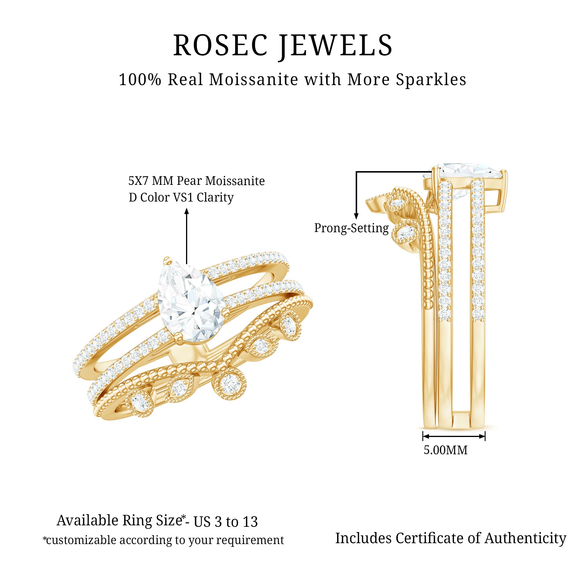 Pear Moissanite Double Band Engagement Ring with Enhancer D-VS1 - Rosec Jewels