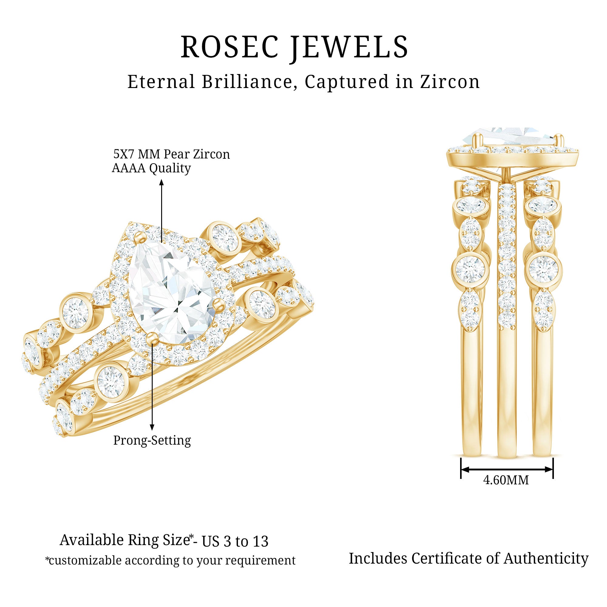 Pear Shaped Cubic Zirconia Trio Wedding Ring Set for Women AAAA - Rosec Jewels