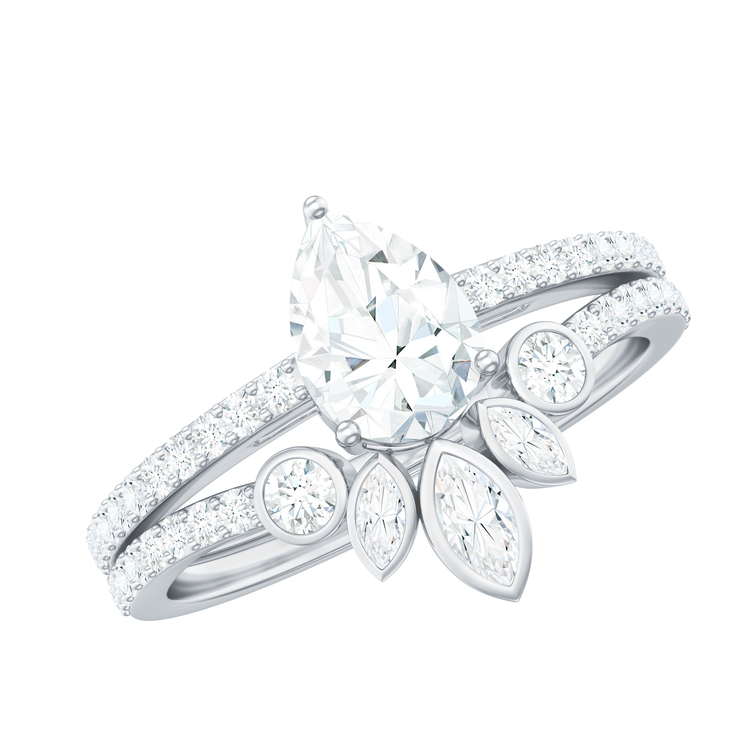 Pear Cut Moissanite Solitaire Bridal Ring Set with Certificate D-VS1 - Rosec Jewels