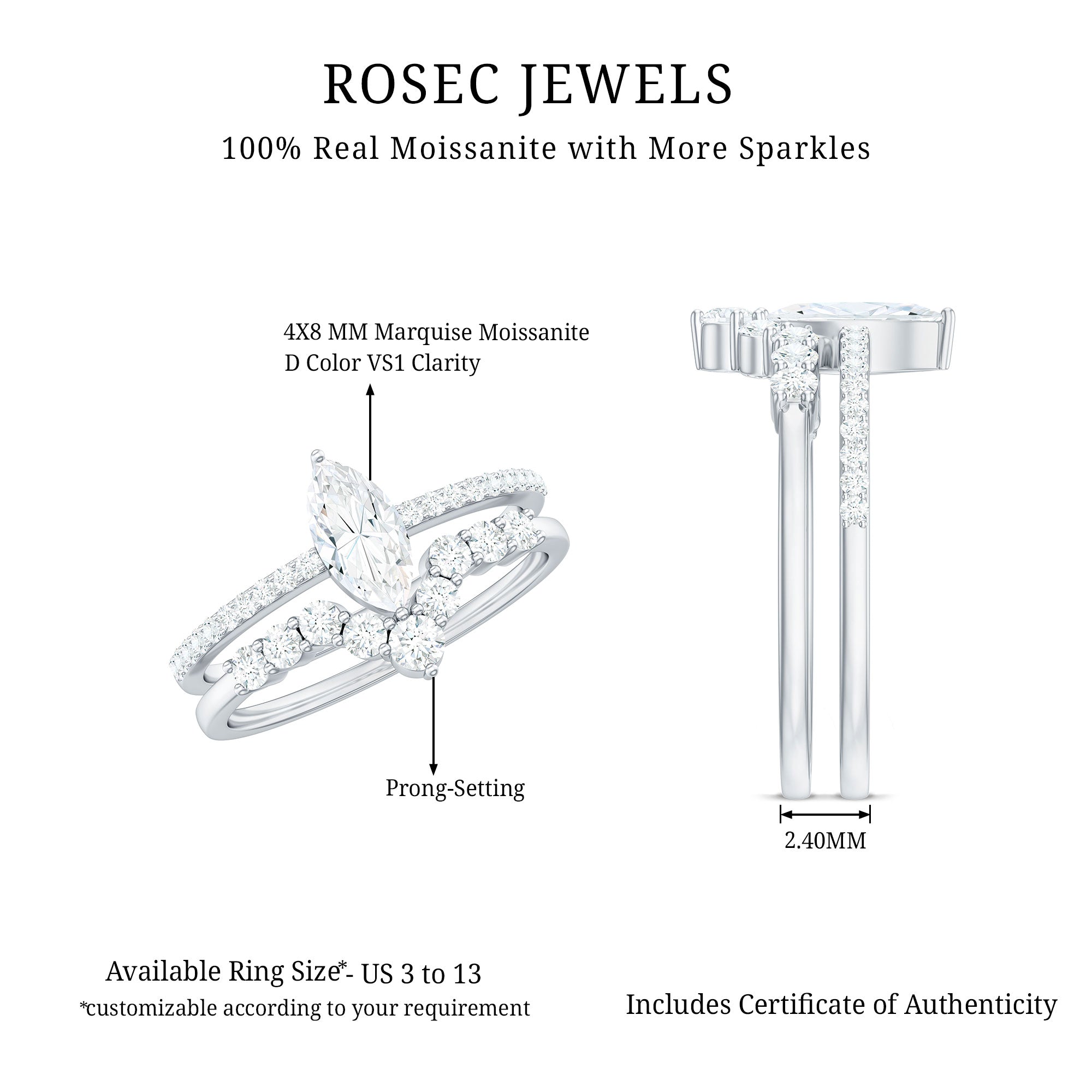 Rosec Jewels-Marquise Cut Moissanite Engagement Ring with V-Shaped Wedding Band