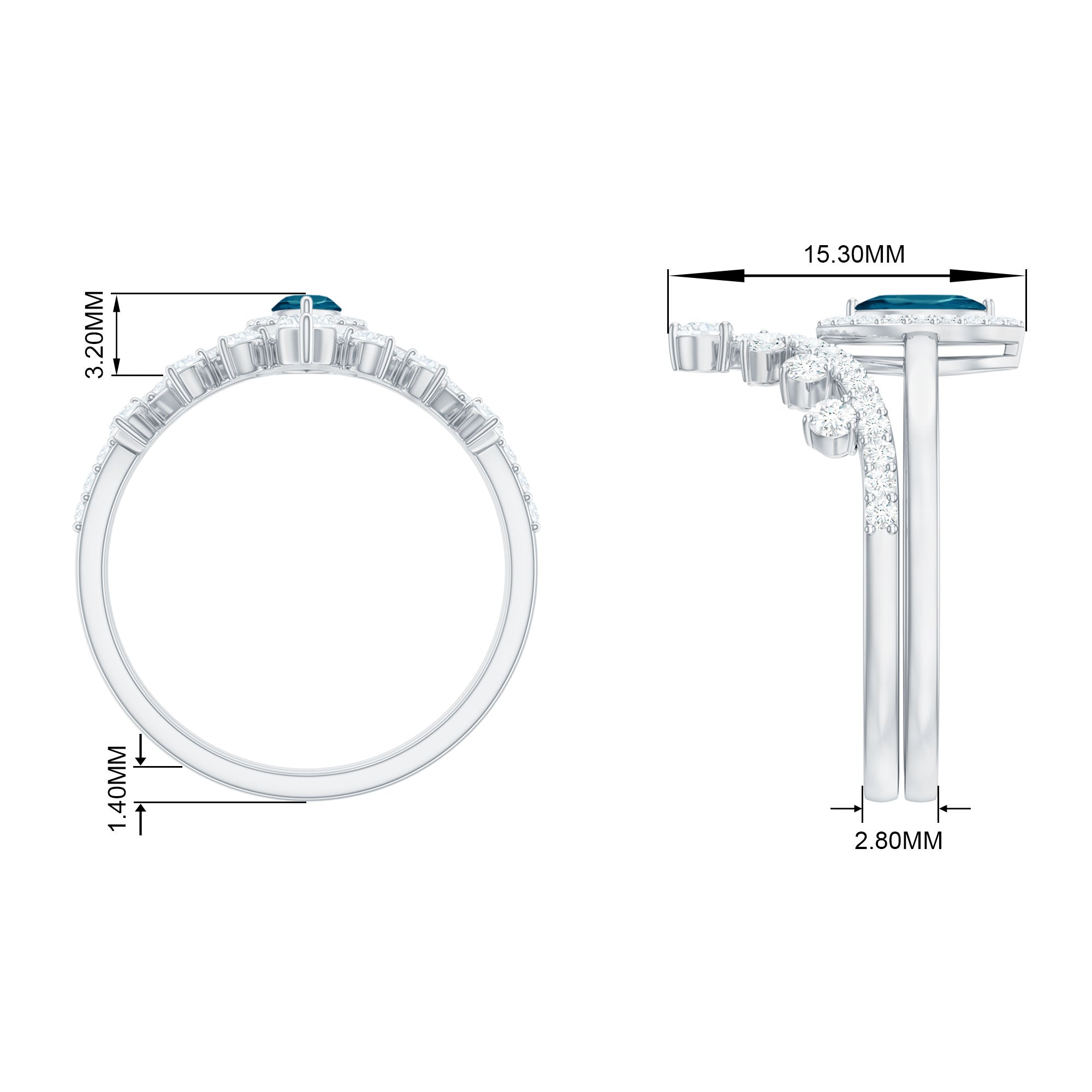 Marquise Cut London Blue Topaz Halo Wedding Ring Set with Diamond Band AAA - Rosec Jewels