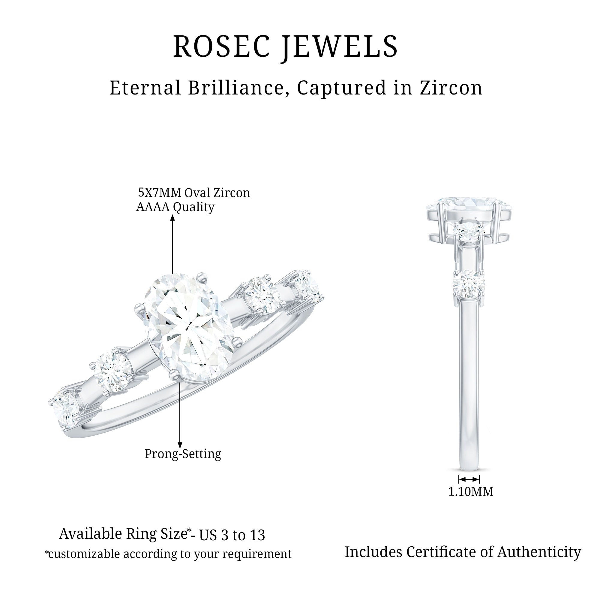 Oval Cubic Zirconia Solitaire Engagement Ring for Women AAAA - Rosec Jewels