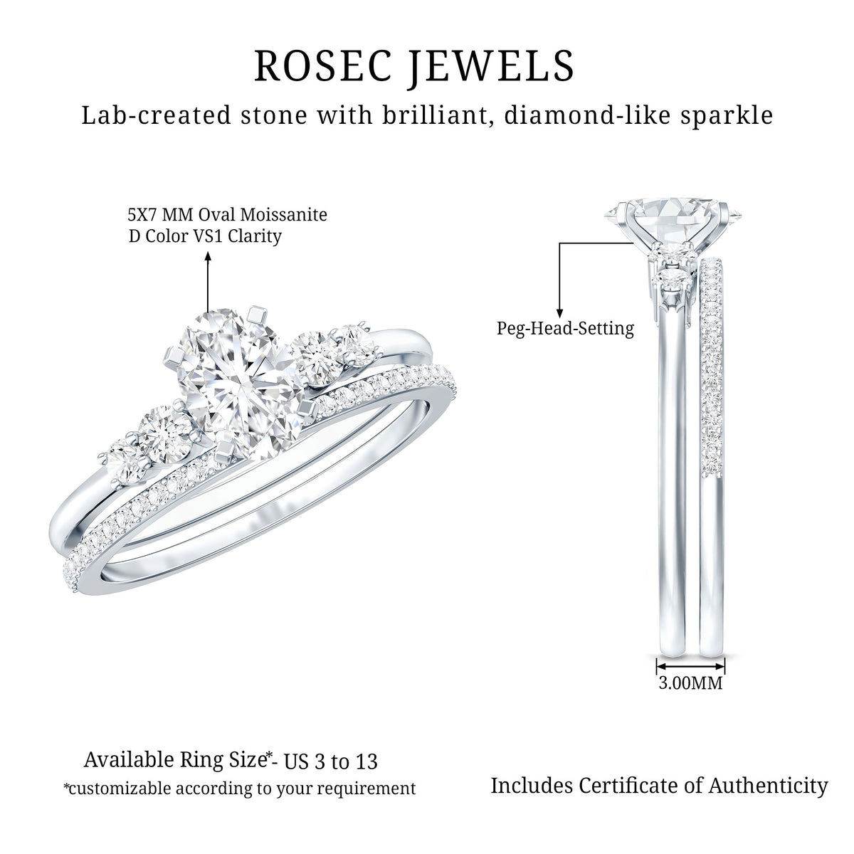 Certified Moissanite Oval Engagement Ring with Wedding Band D-VS1 - Rosec Jewels