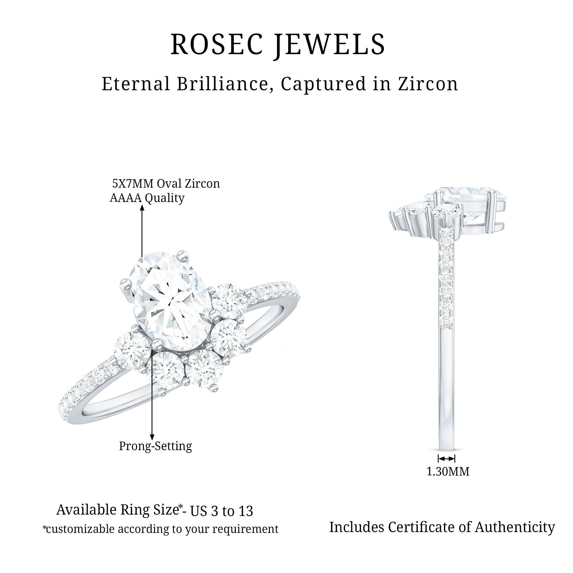 2 CT Oval Cubic Zirconia Engagement Ring with Half Halo AAAA - Rosec Jewels