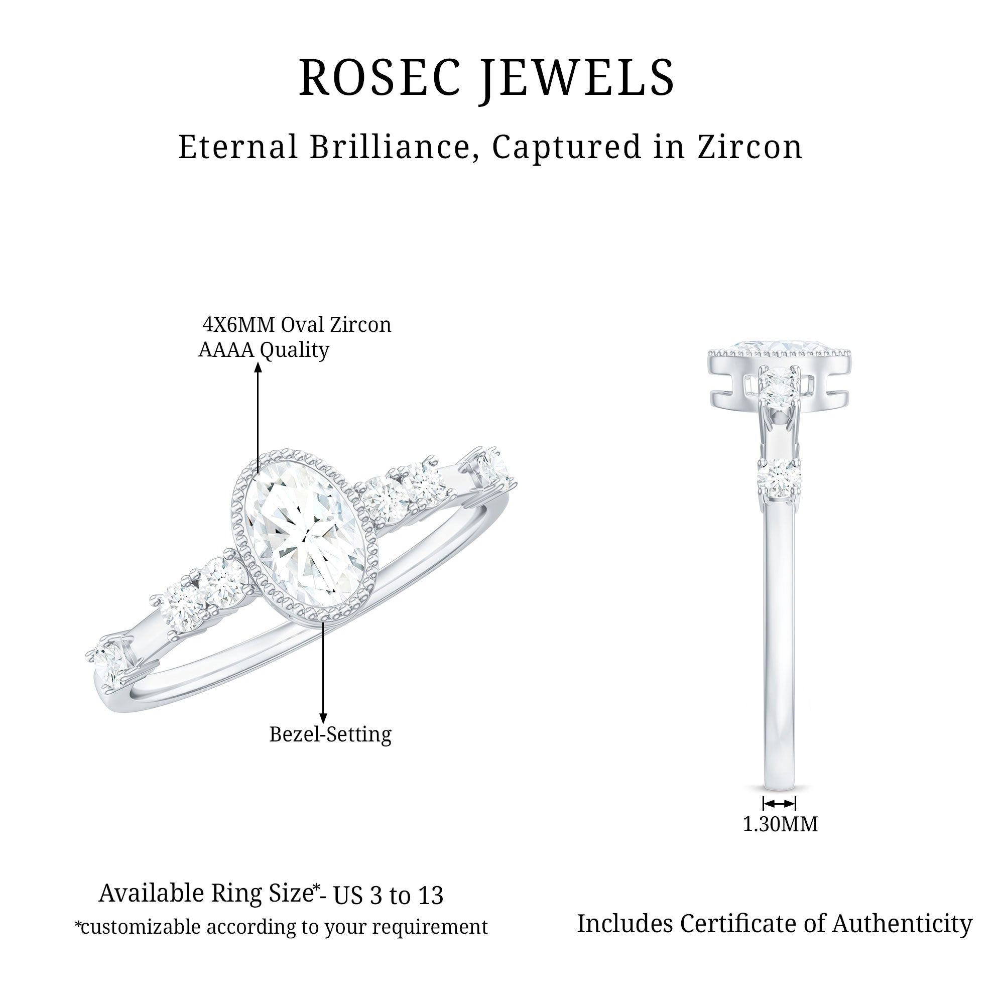 Oval Shape Zircon Solitaire Engagement Ring with Side Stones AAAA - Rosec Jewels