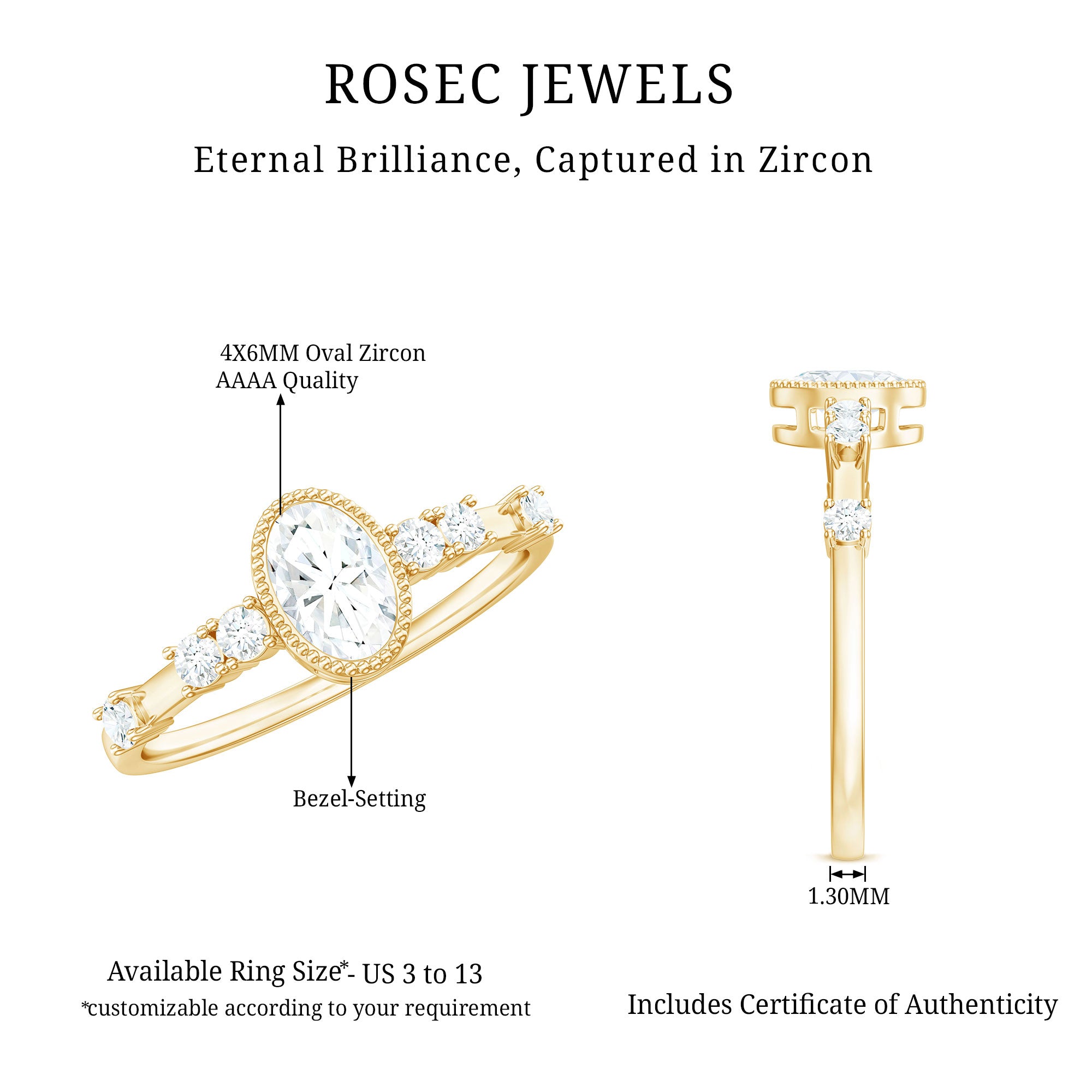 Oval Shape Zircon Solitaire Engagement Ring with Side Stones AAAA - Rosec Jewels