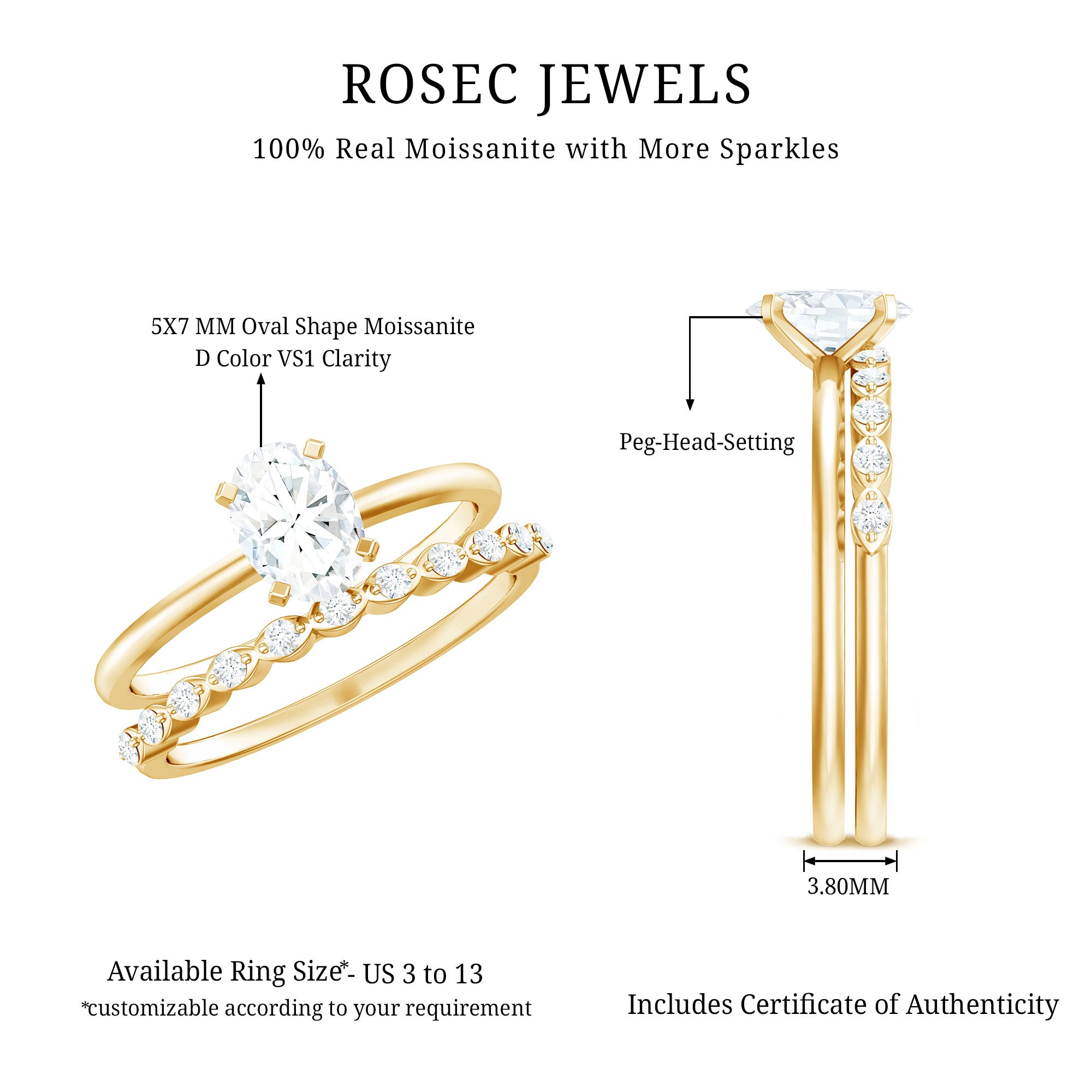 Oval Cut Moissanite Solitaire Bridal Ring Set for Women D-VS1 - Rosec Jewels