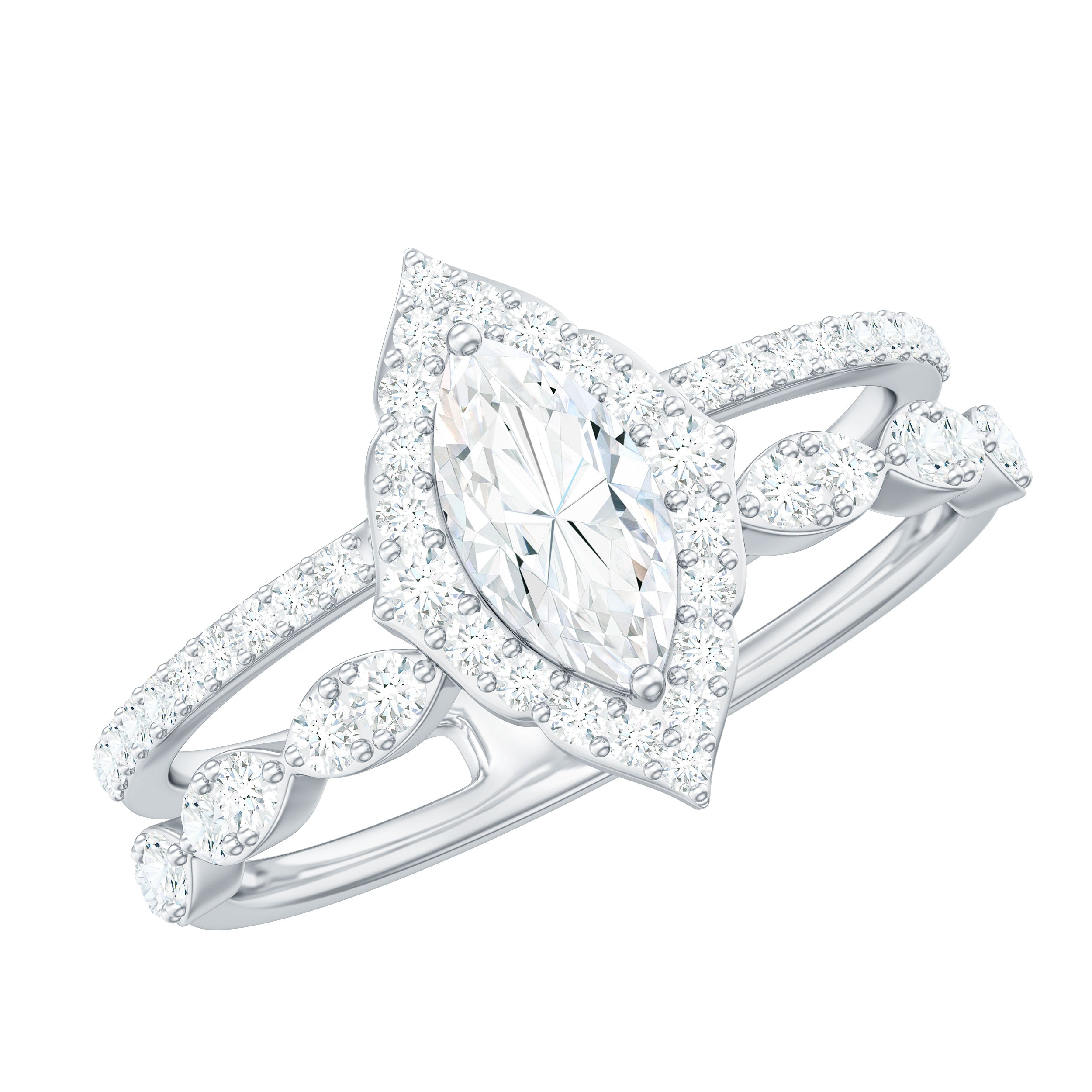 Rosec Jewels-Marquise Cut Moissanite Double Band Engagement Ring with Certificate