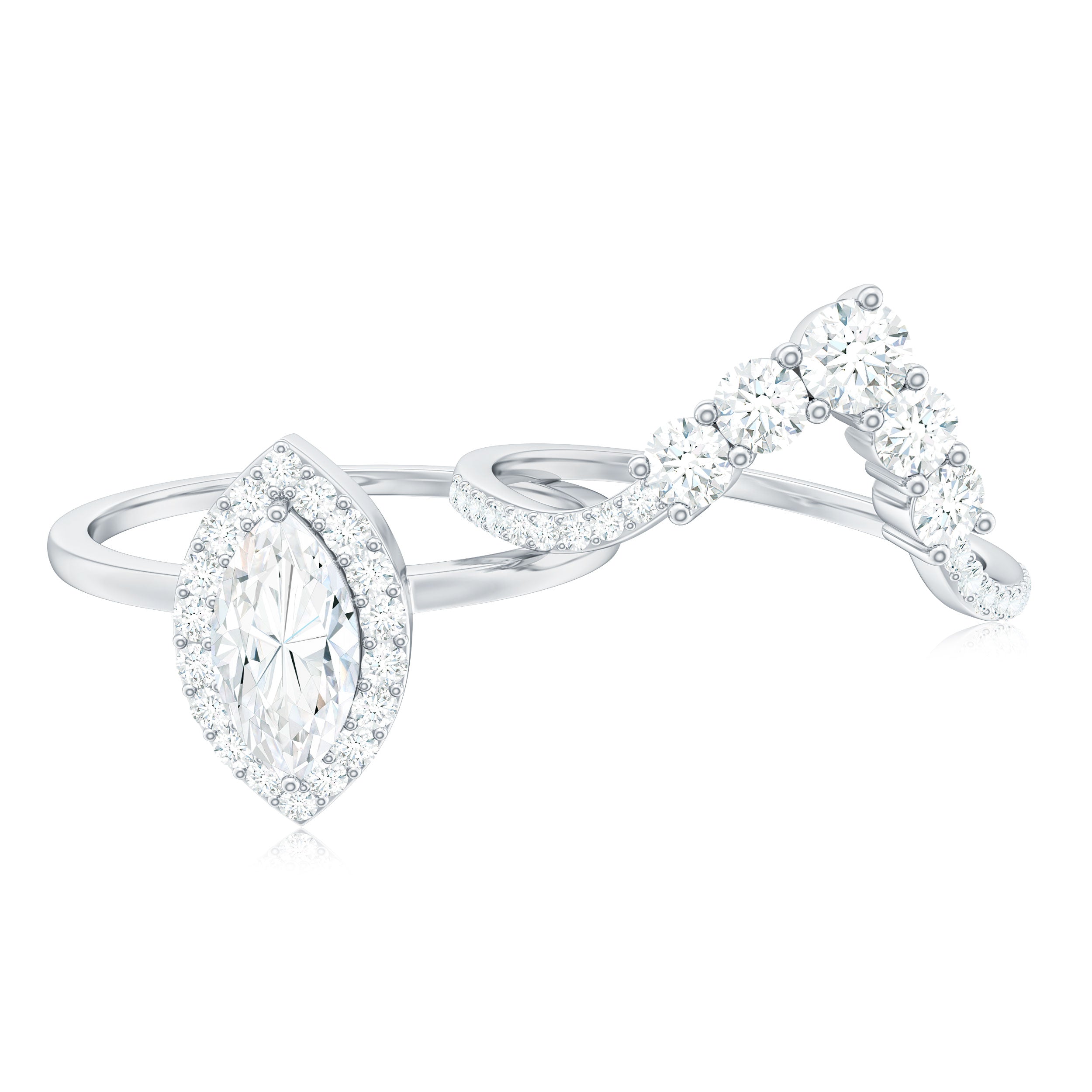 Rosec Jewels-Marquise Cut Moissanite Halo Engagement Ring with Chevron Wedding Band
