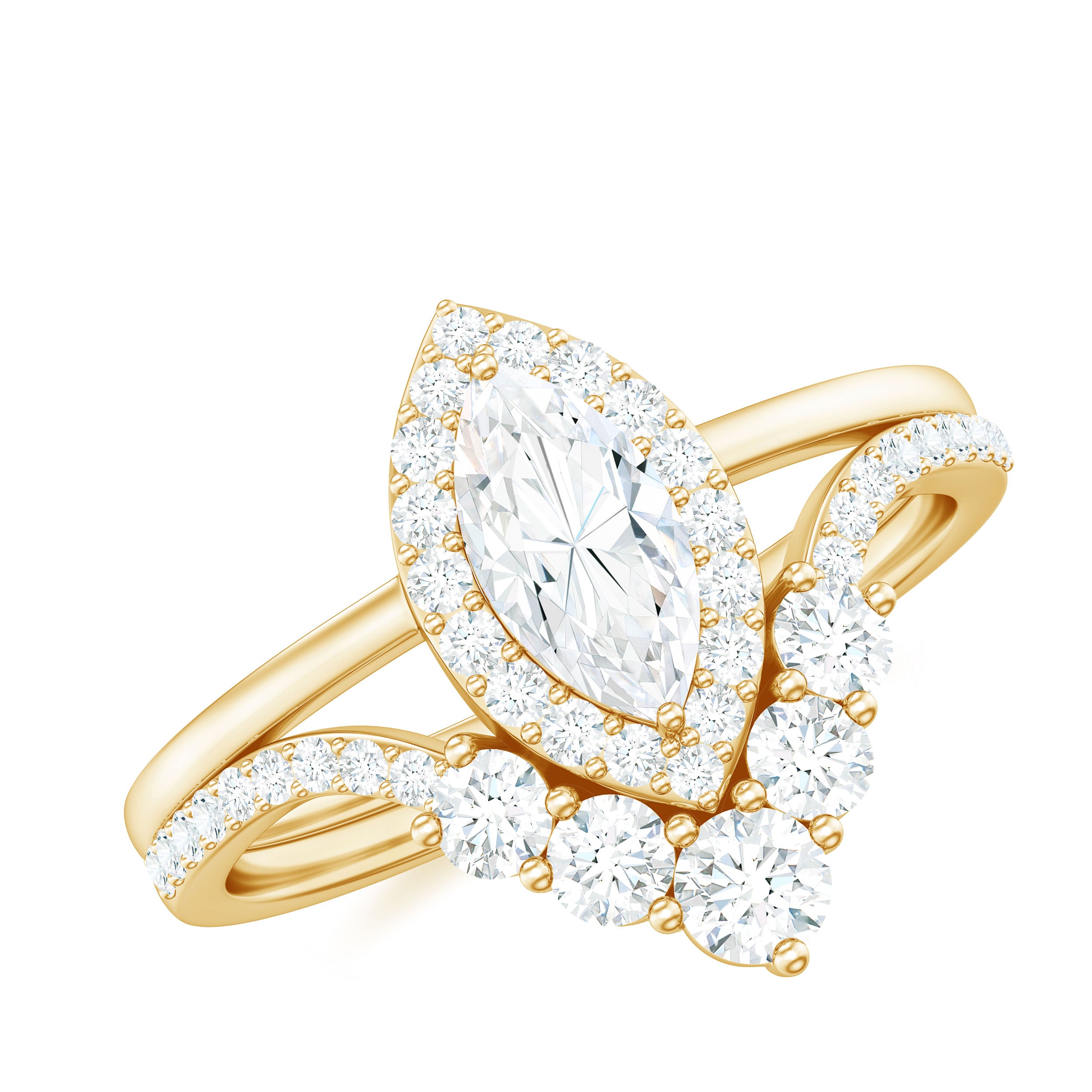 Rosec Jewels-Marquise Cut Moissanite Halo Engagement Ring with Chevron Wedding Band