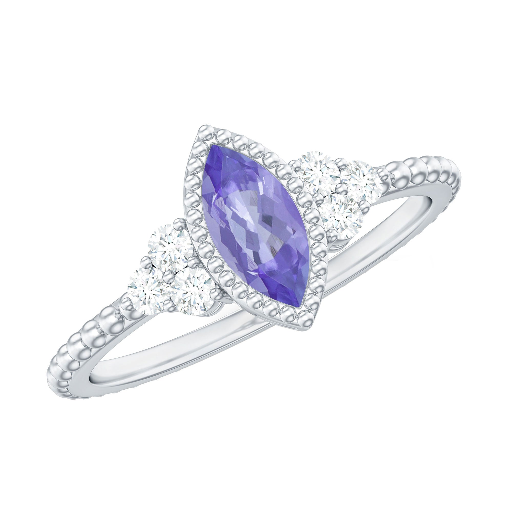 1 CT Marquise Tanzanite Solitaire Promise Ring with Diamond Trio