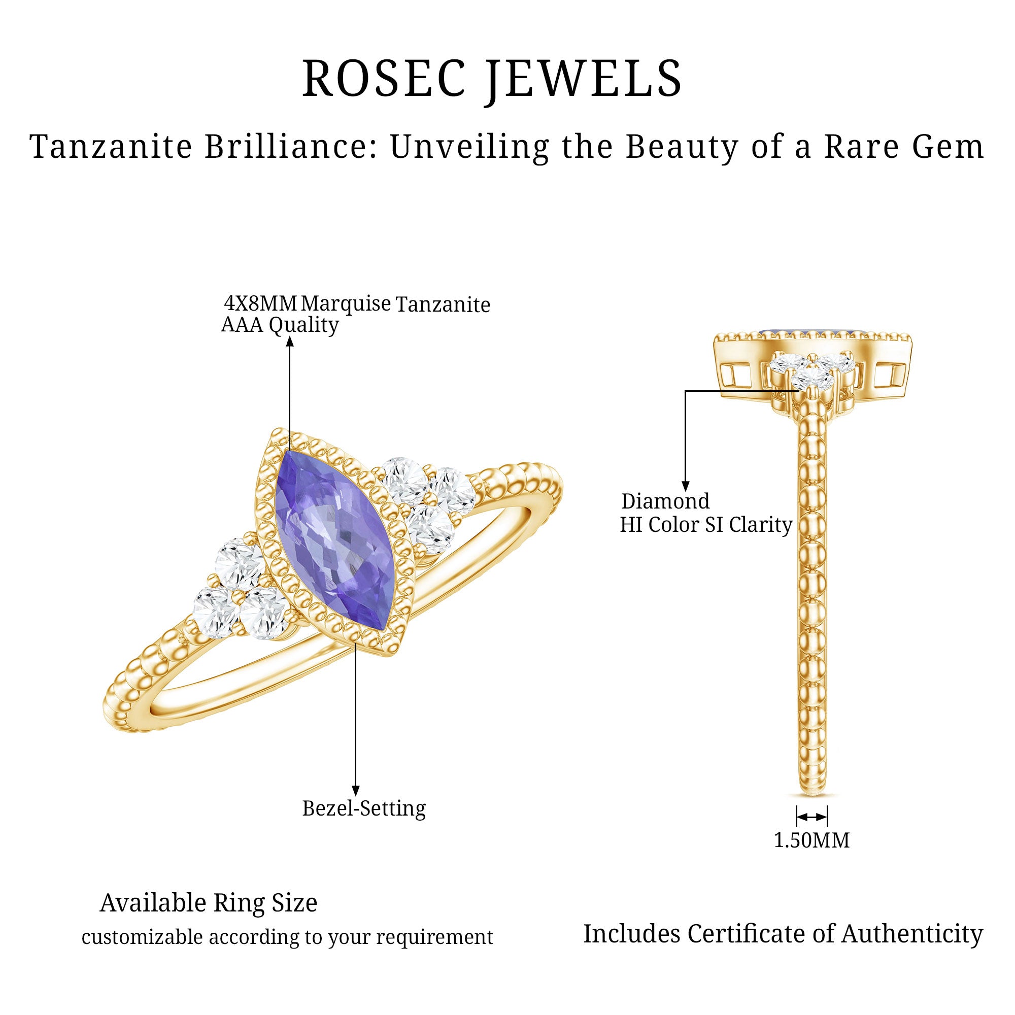 Vintage Style Marquise Tanzanite Promise Ring with Diamond Trio AAA - Rosec Jewels