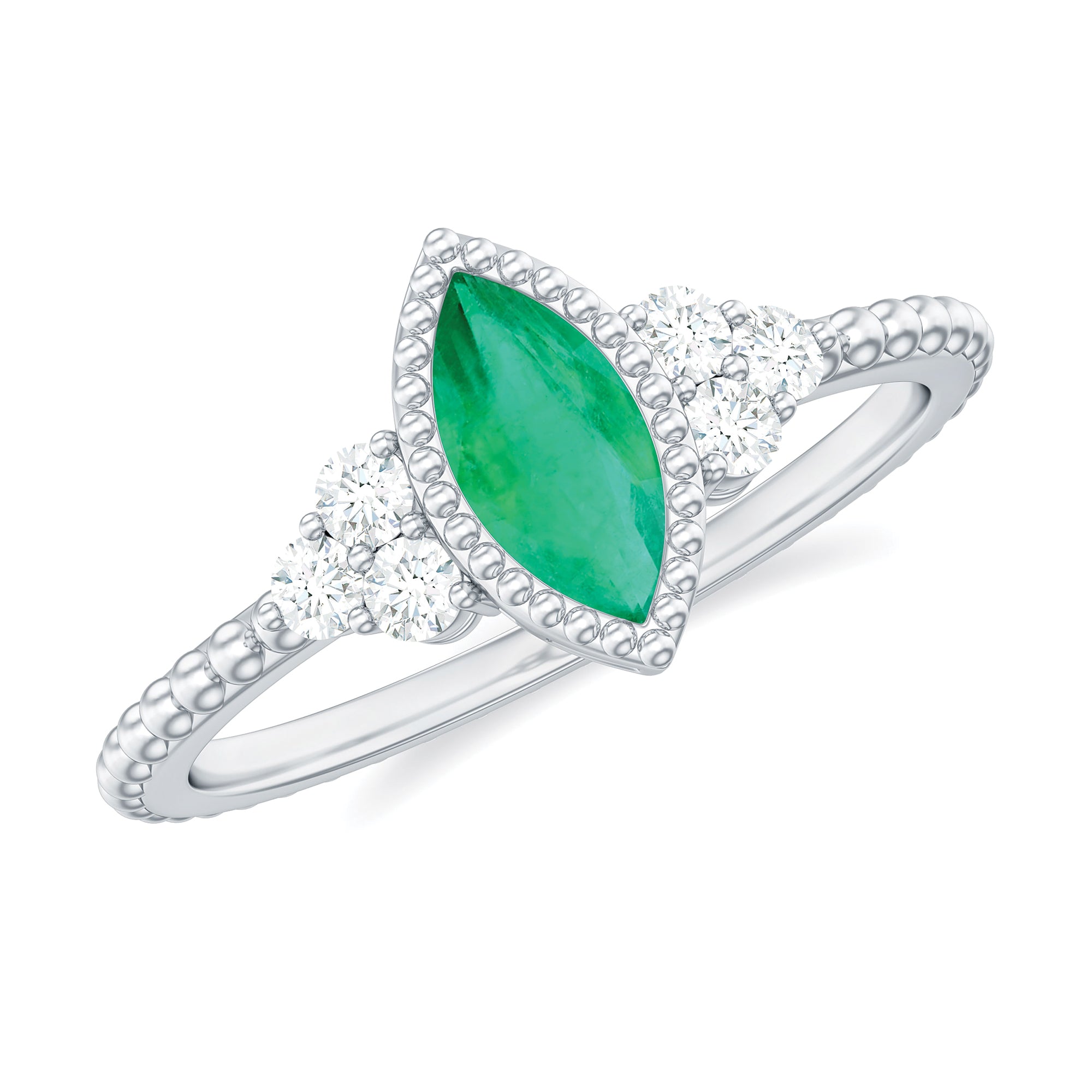 Vintage Inspired Emerald Promise Engagement Ring with Trio Diamond