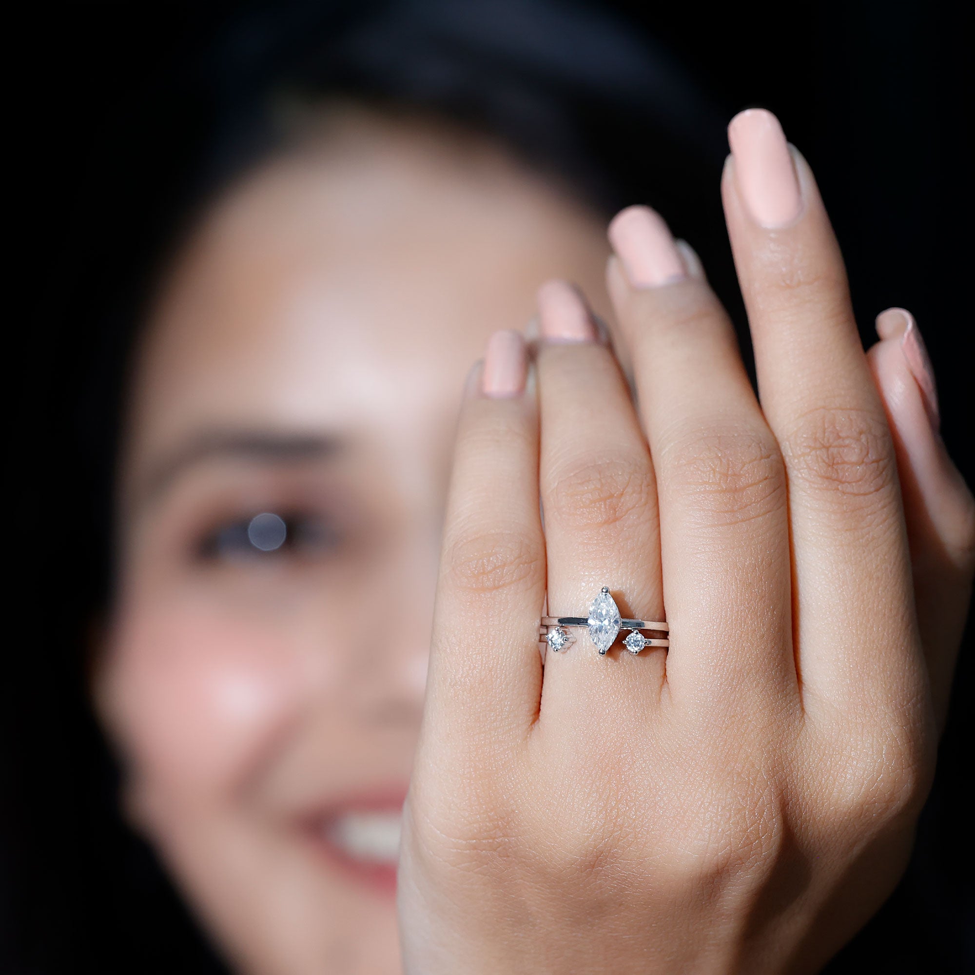 Rosec Jewels-Marquise Cut Moissanite Engagement Ring with Stackable Band