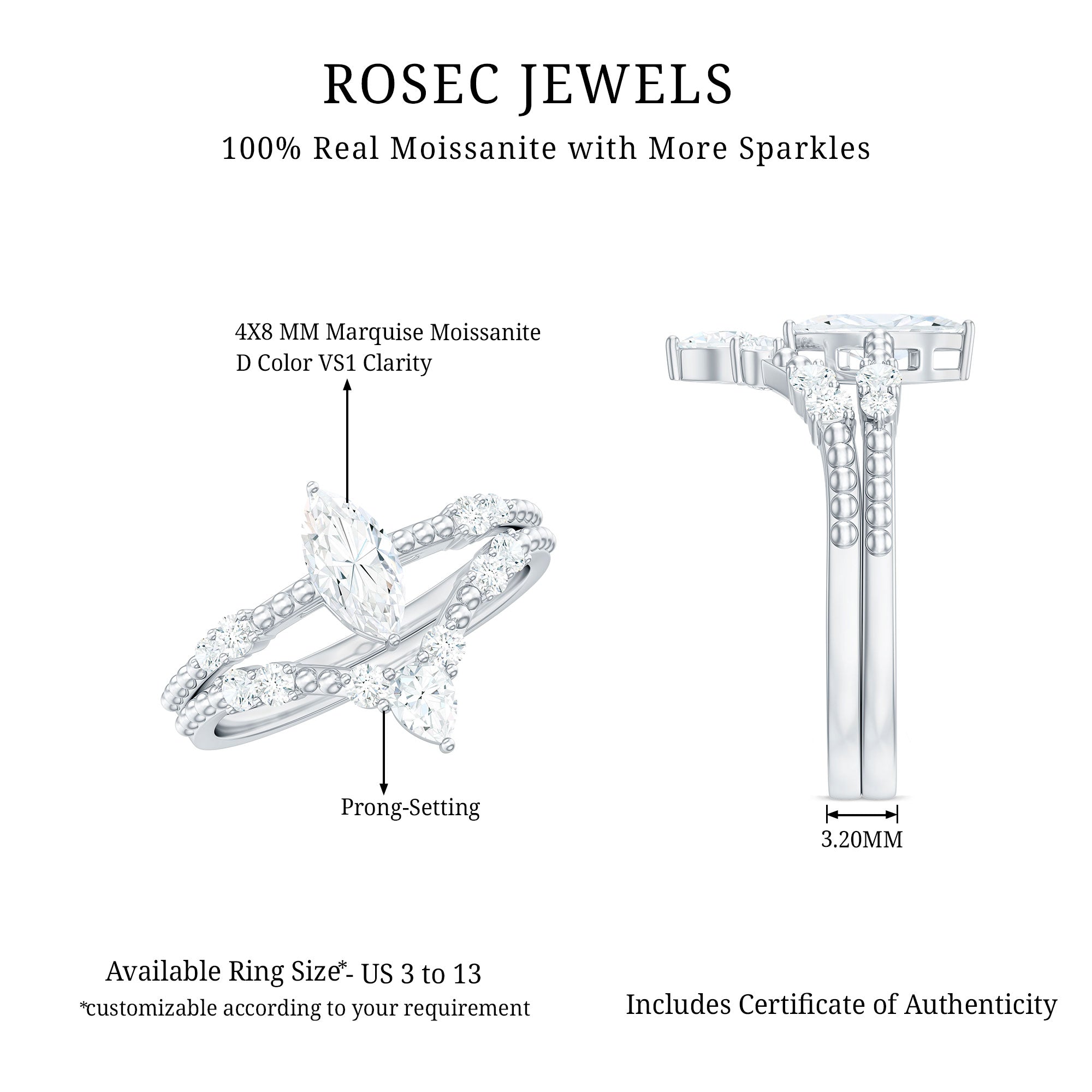 Marquise Cut Moissanite Wedding Ring Set with Beaded Detail D-VS1 - Rosec Jewels