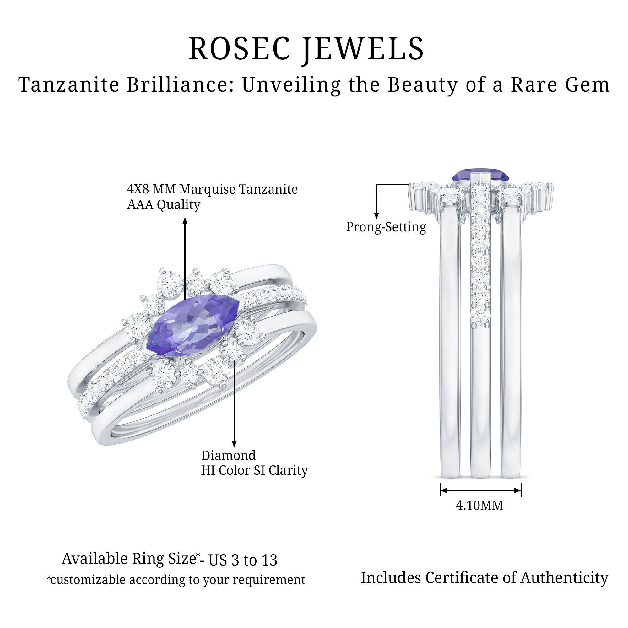 Certified Real Marquise Tanzanite 3 Piece Wedding Ring Set with Diamond AAA - Rosec Jewels