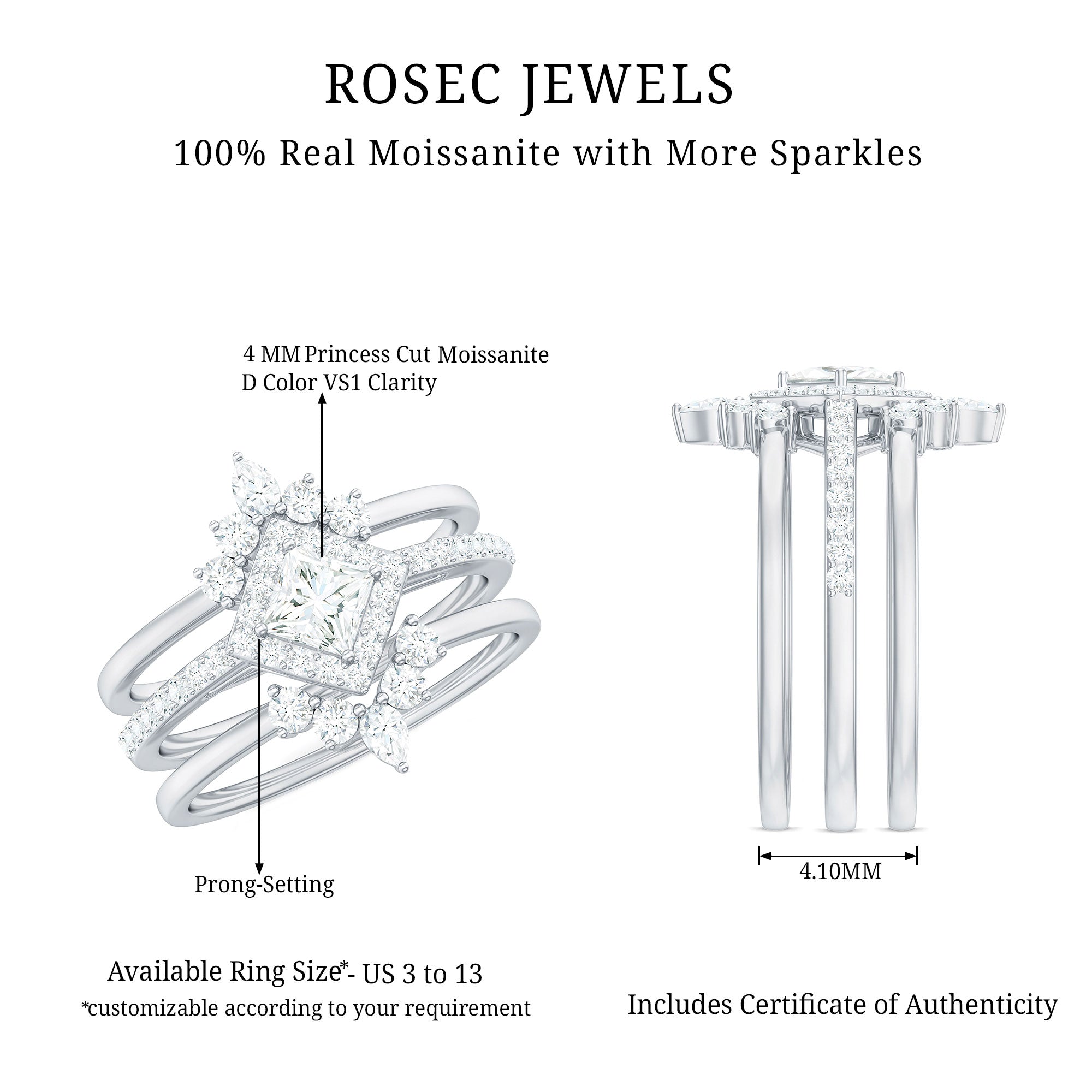 Princess Cut Moissanite Trio Bridal Ring Set with Certificate D-VS1 - Rosec Jewels