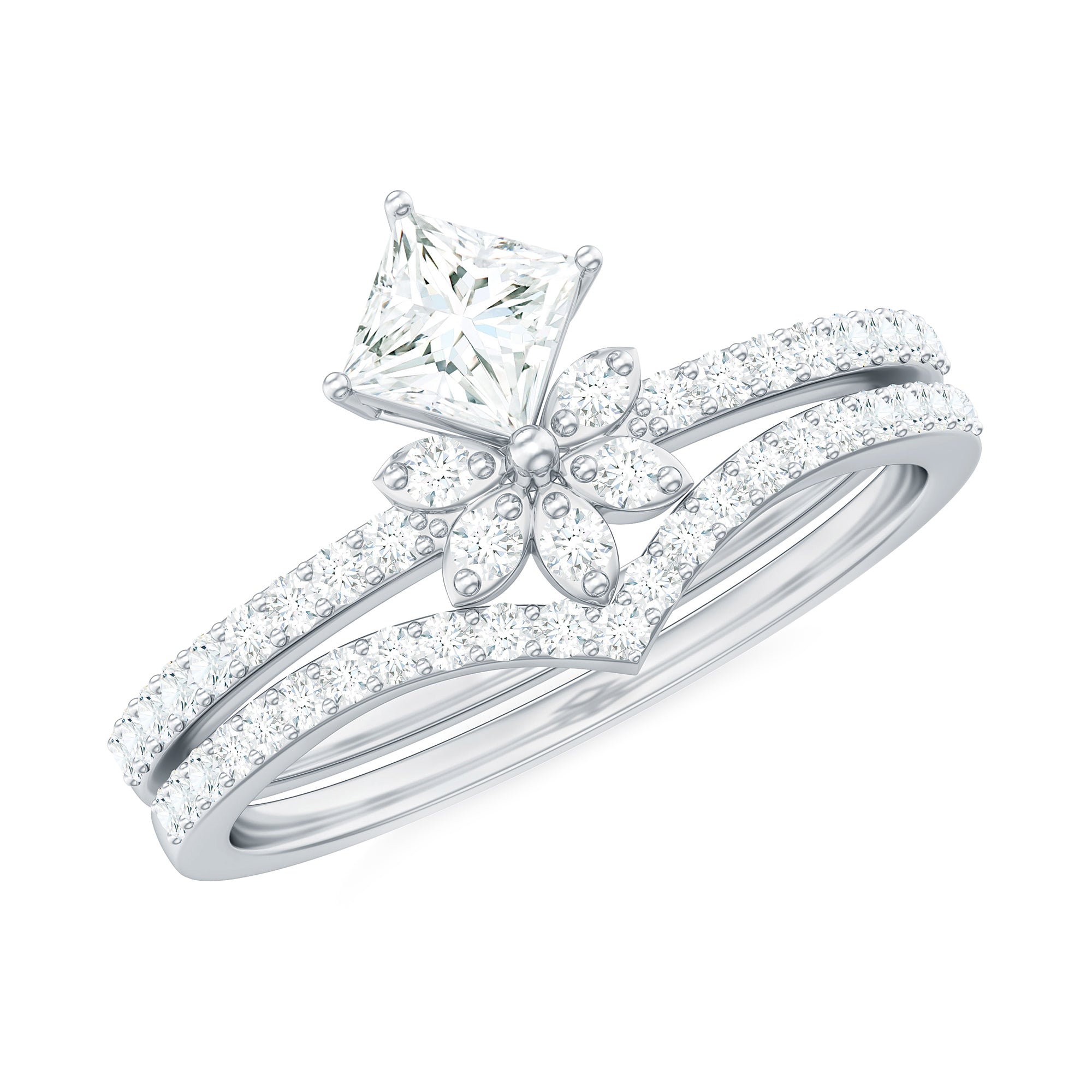 Princess Cut Certified Moissanite Flower Wedding Ring Set D-VS1 - Rosec Jewels