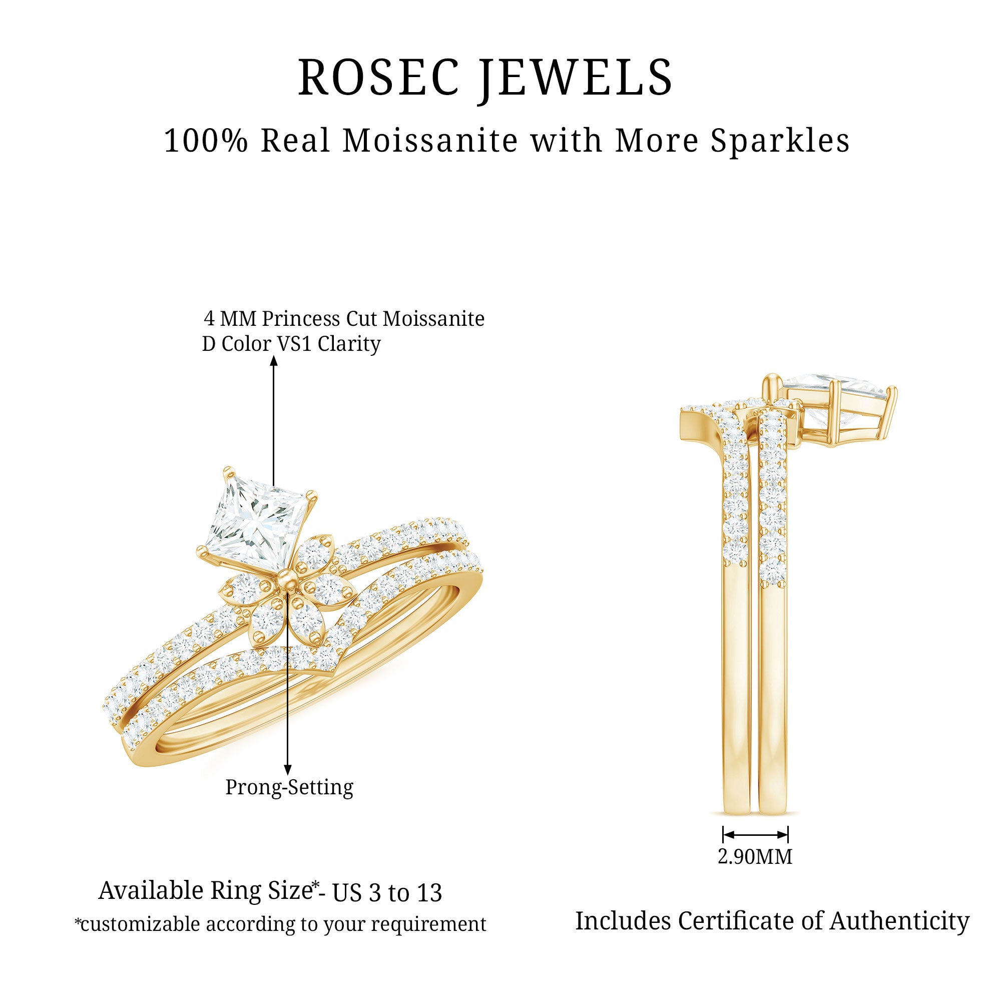 Princess Cut Certified Moissanite Flower Wedding Ring Set D-VS1 - Rosec Jewels