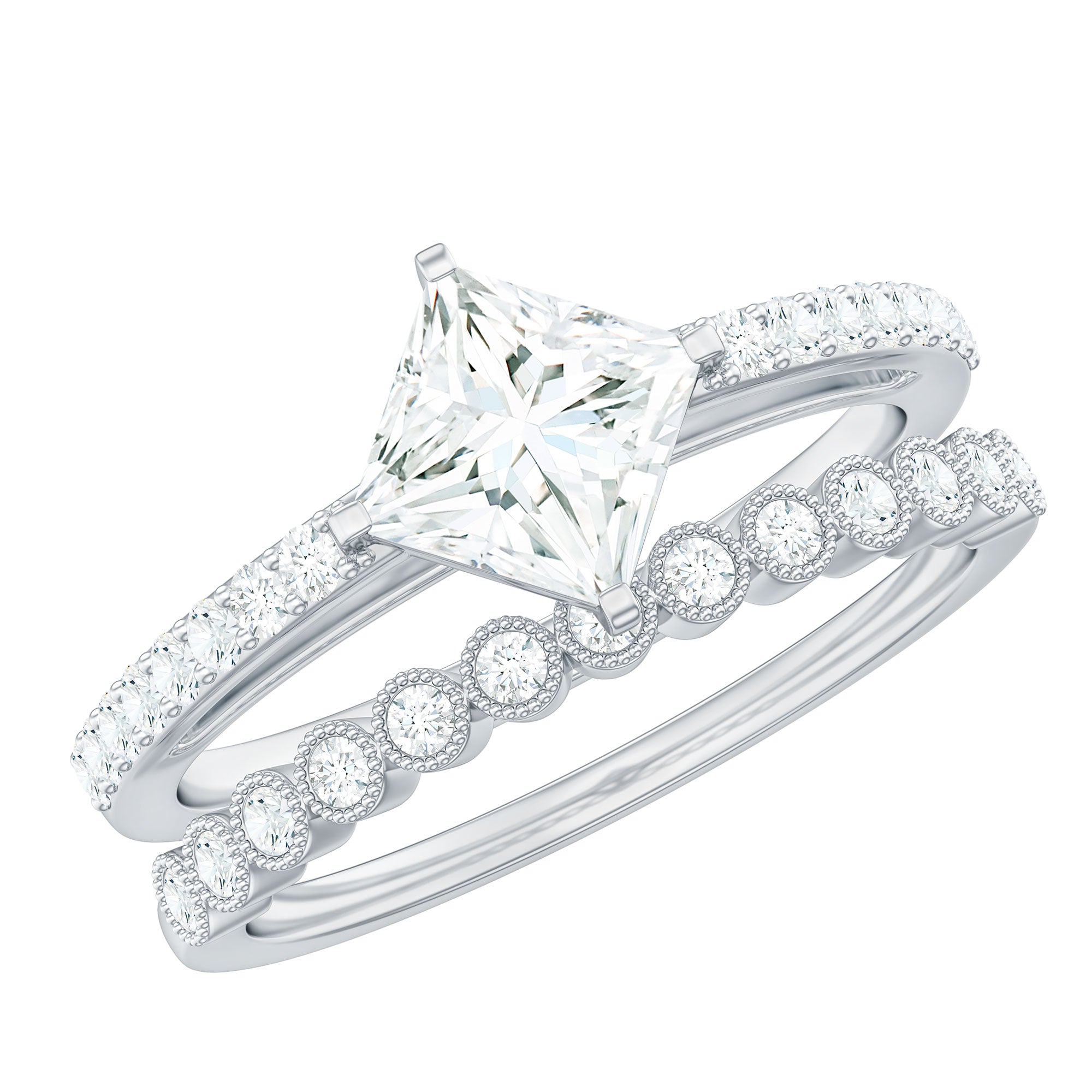 Rosec Jewels-Princess Cut Moissanite Engagement Ring with Wedding Band Set