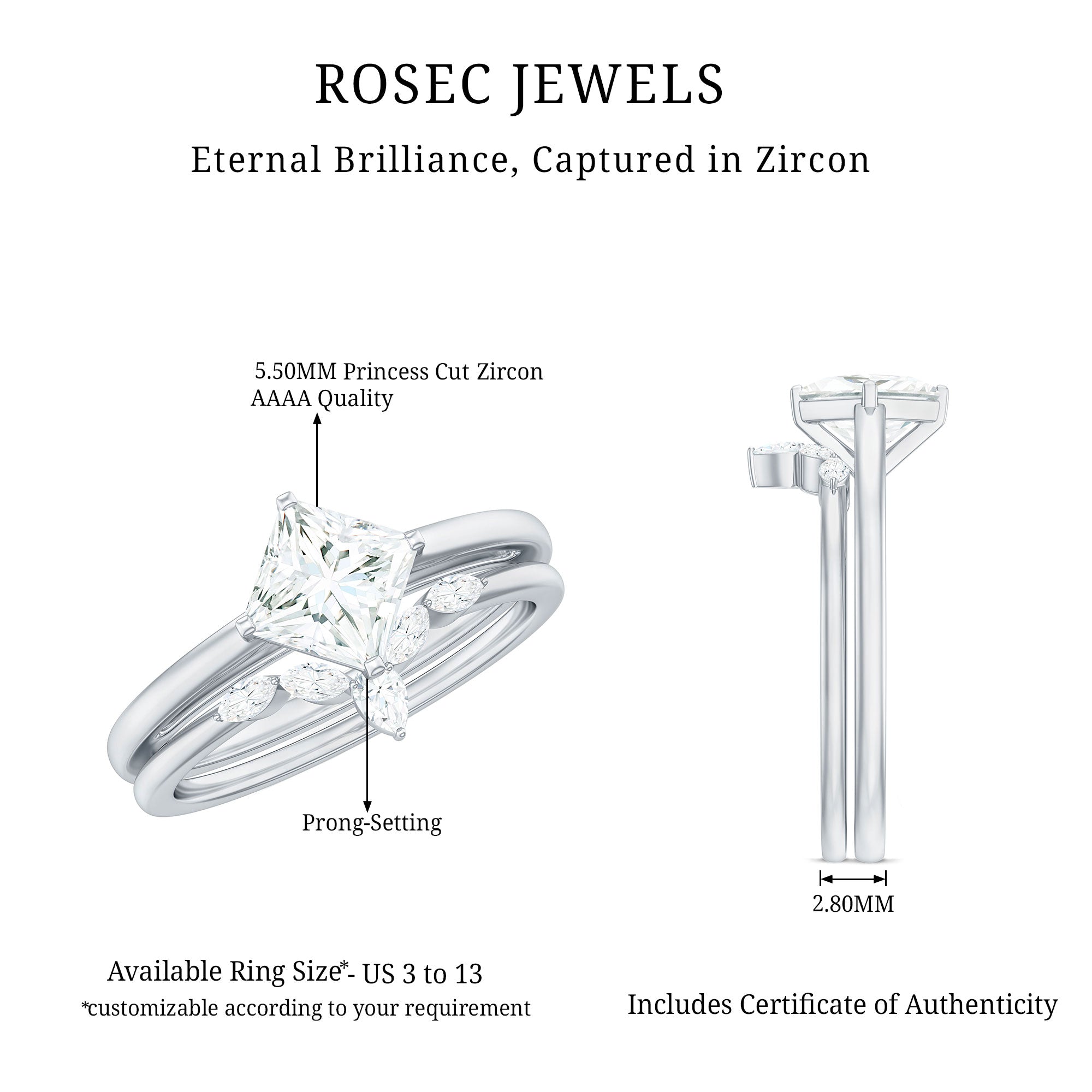 Cubic Zirconia Solitaire Ring Set with V Shape Band AAAA - Rosec Jewels