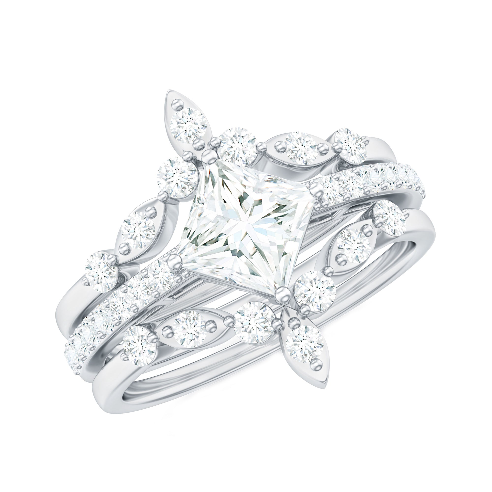 Rosec Jewels-Classic Trio Bridal Ring Set with Princess and Round Cut Moissanites