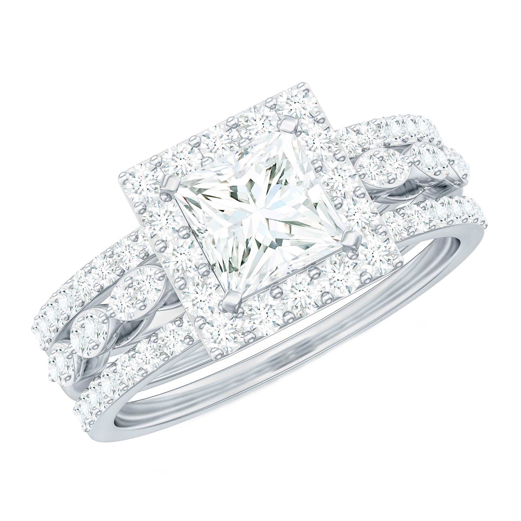 Princess Cut Moissanite Halo Engagement Ring with Wedding Bands D-VS1 - Rosec Jewels