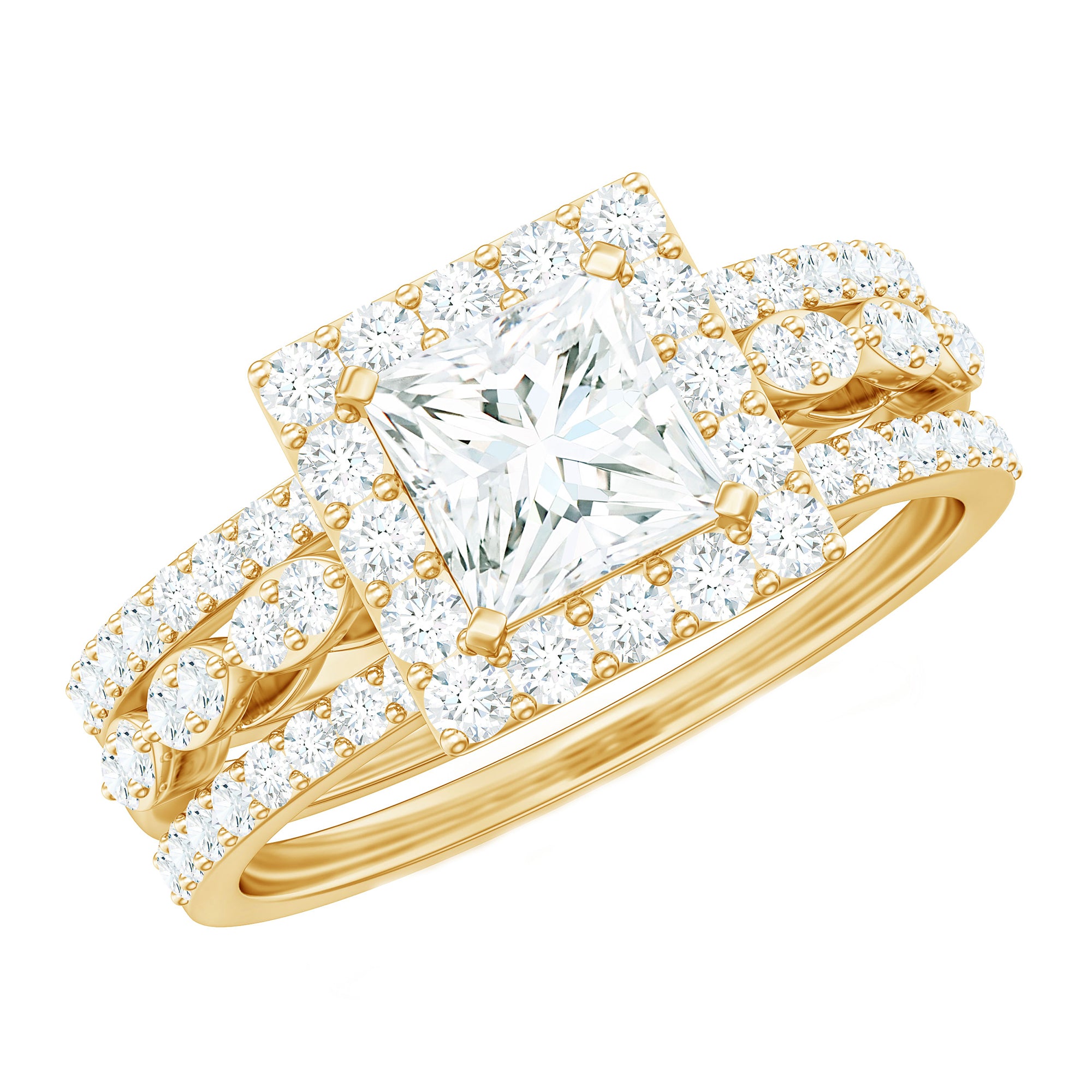 Princess Cut Moissanite Halo Engagement Ring with Wedding Bands D-VS1 - Rosec Jewels