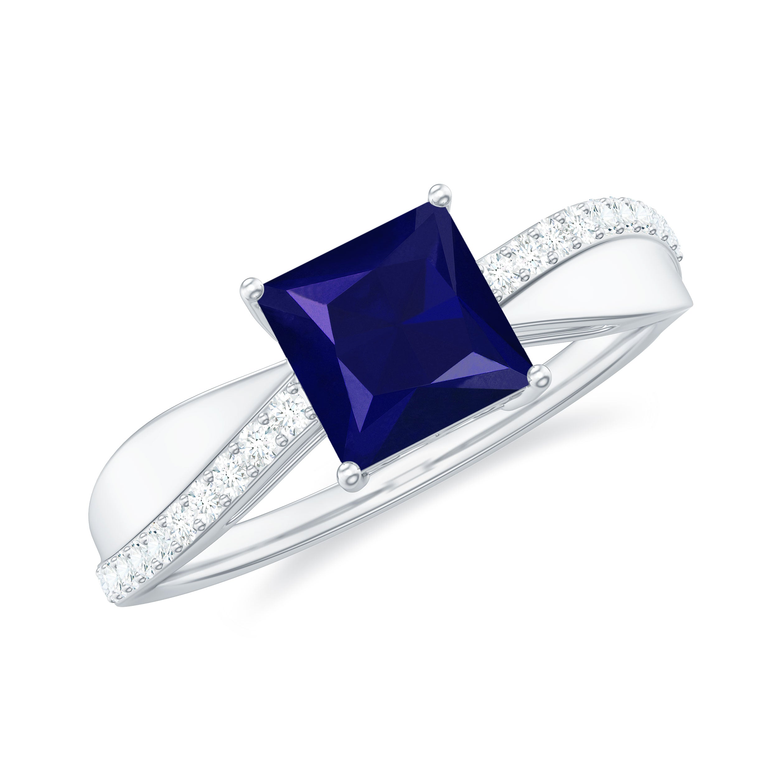 Princess Cut Lab-Created Blue Sapphire Engagement Ring with Diamond
