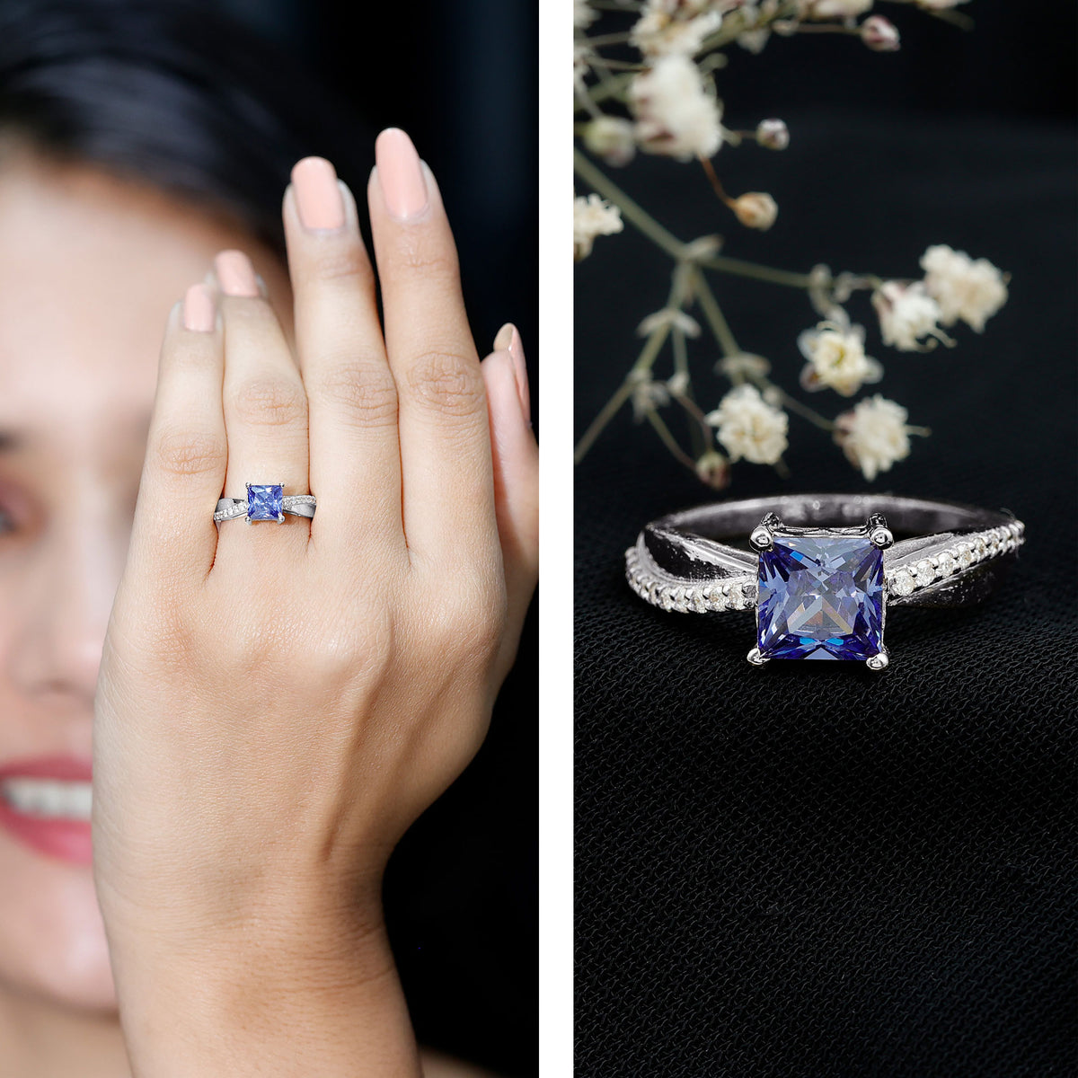 Certified 1.5 Carat Lab Grown Blue Sapphire Princess Cut Engagement Ring with Diamond AAAA - Rosec Jewels