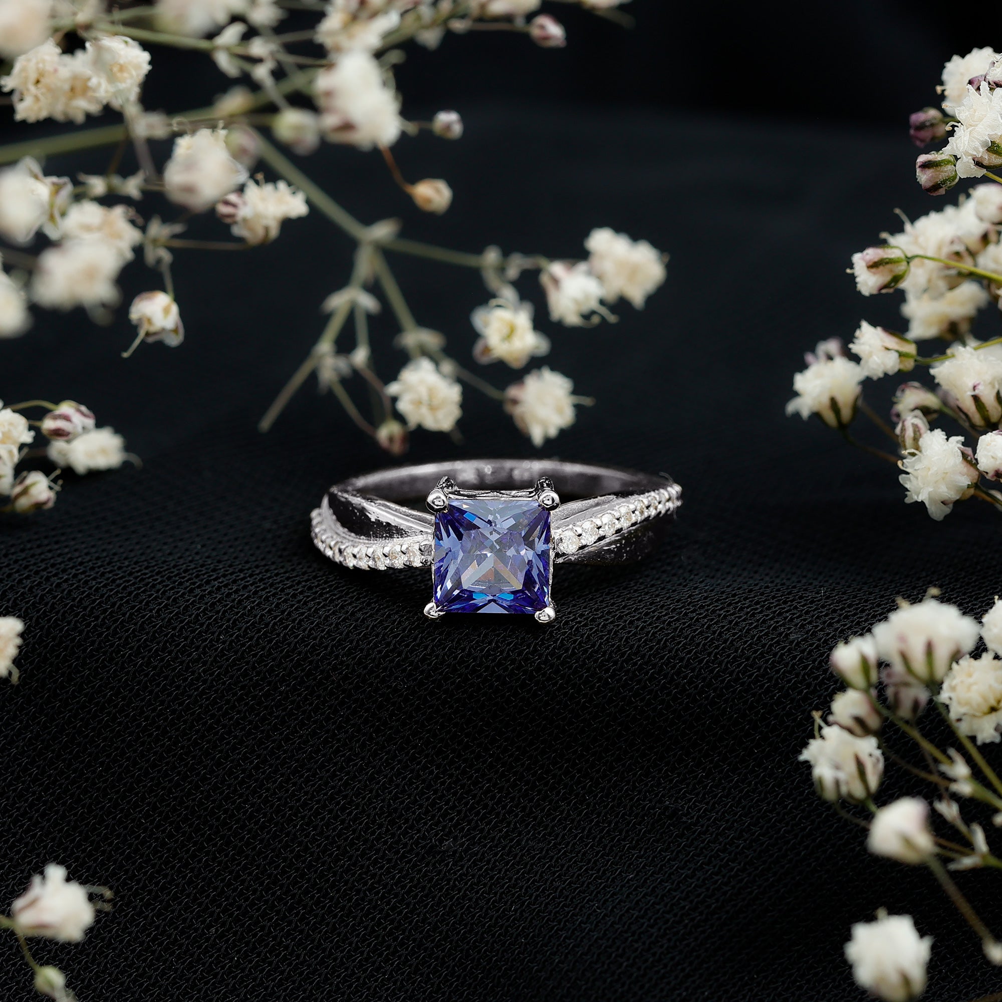 Certified 1.5 Carat Lab Grown Blue Sapphire Princess Cut Engagement Ring with Diamond AAAA - Rosec Jewels