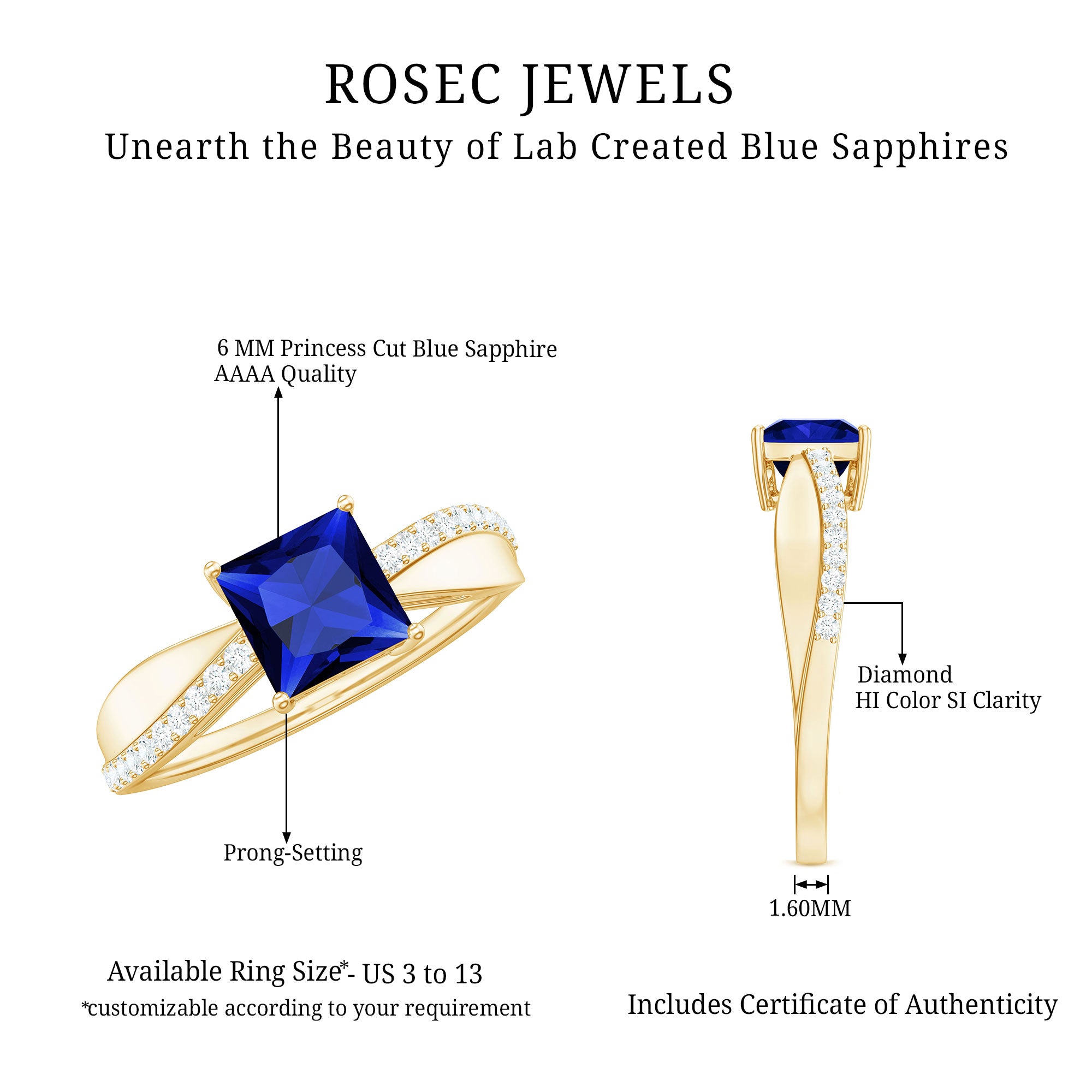 Certified 1.5 Carat Lab Grown Blue Sapphire Princess Cut Engagement Ring with Diamond AAAA - Rosec Jewels