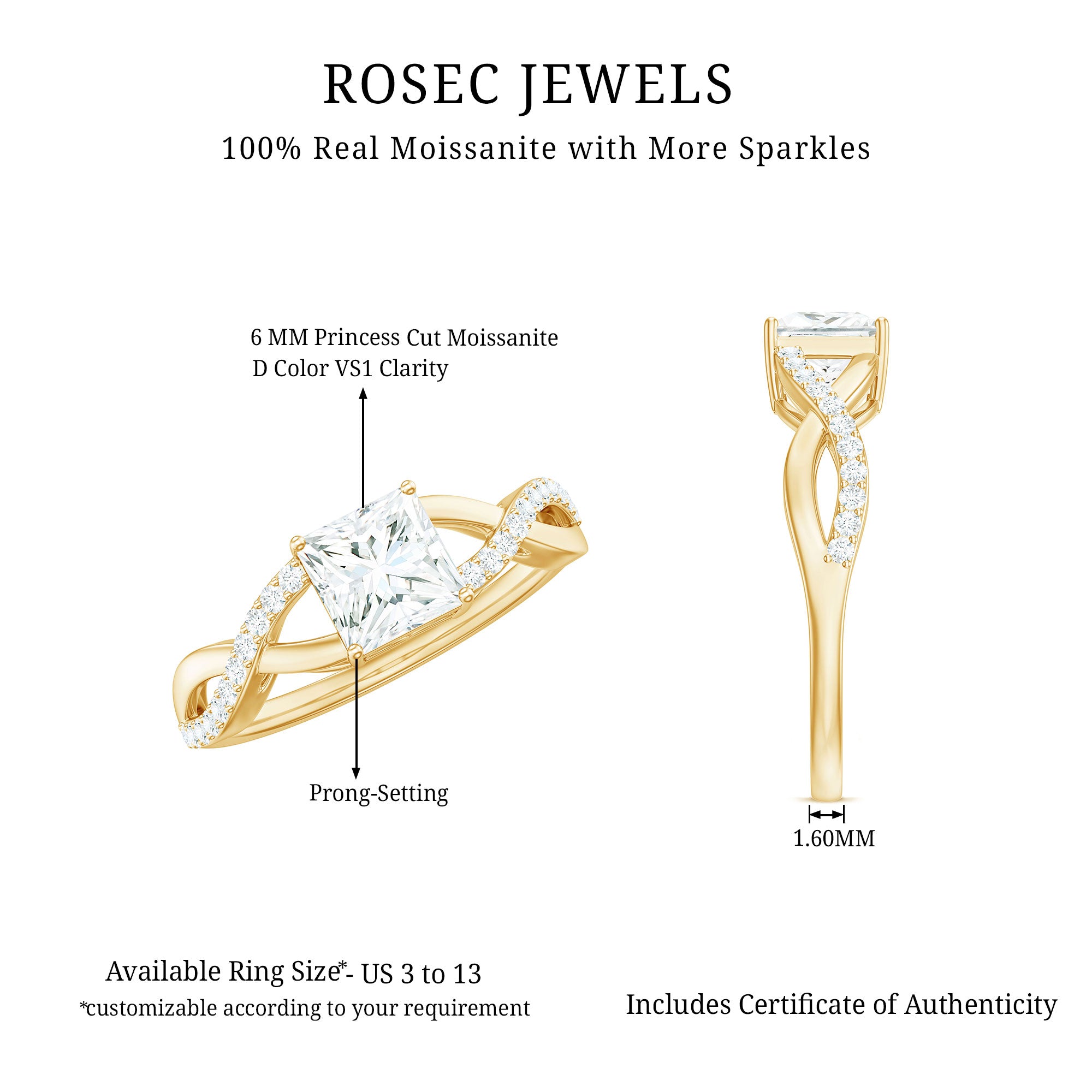 Rosec Jewels-Princess Cut Moissanite Crossover Engagement Ring for Women