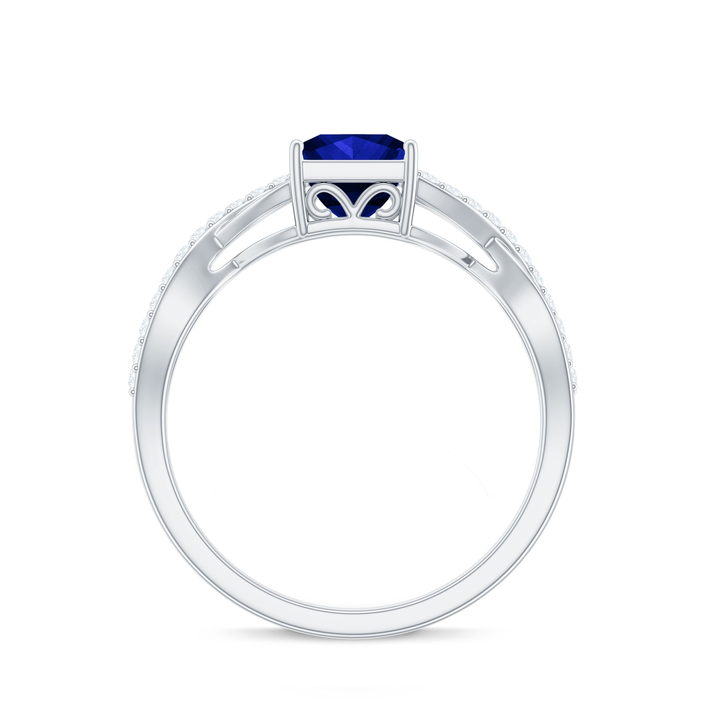 1.5 Carat Lab Grown Blue Sapphire Princess Cut Engagement Ring with Diamond Crossover Shank AAAA - Rosec Jewels