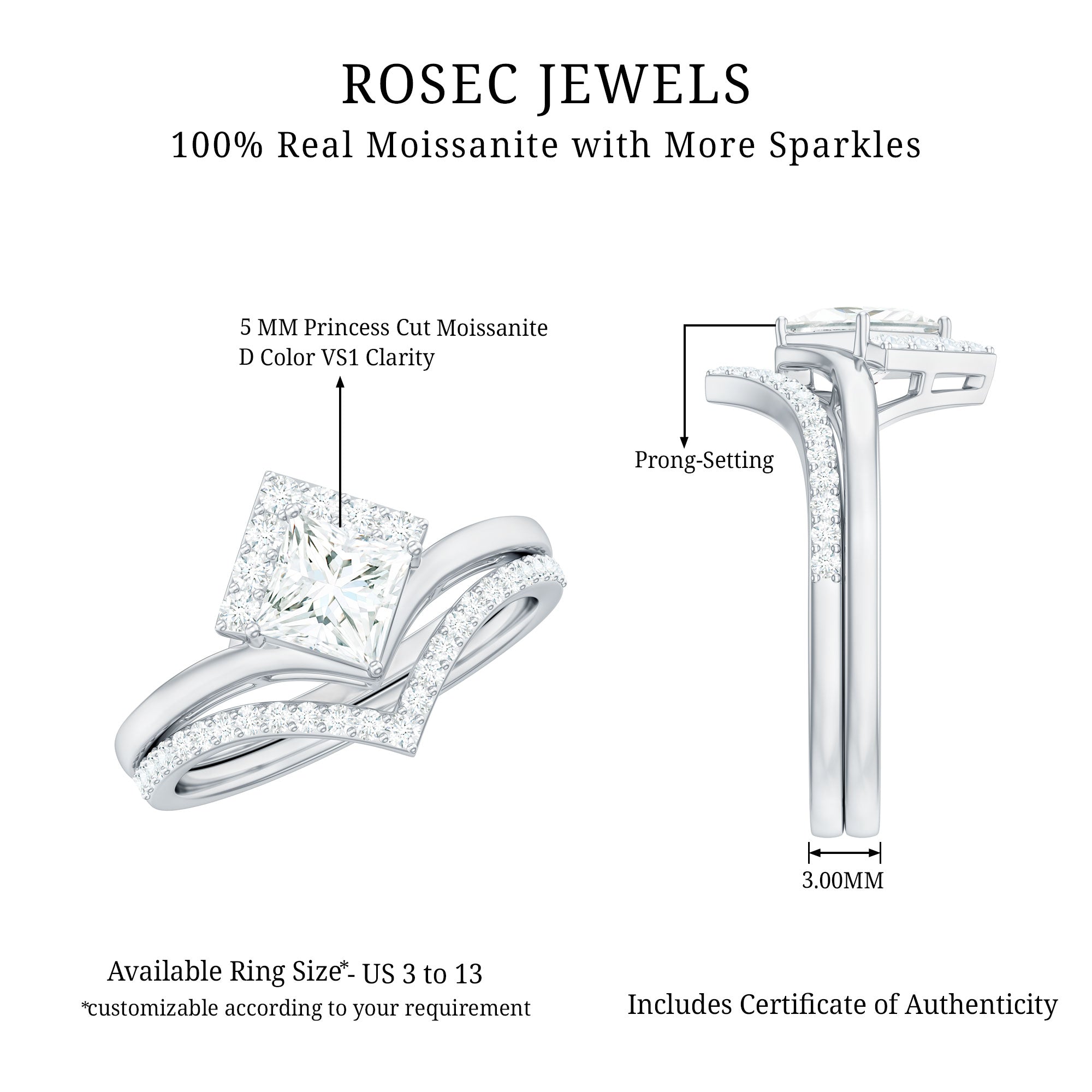 Certified Princess Cut Moissanite Wedding Ring Set for Women D-VS1 - Rosec Jewels
