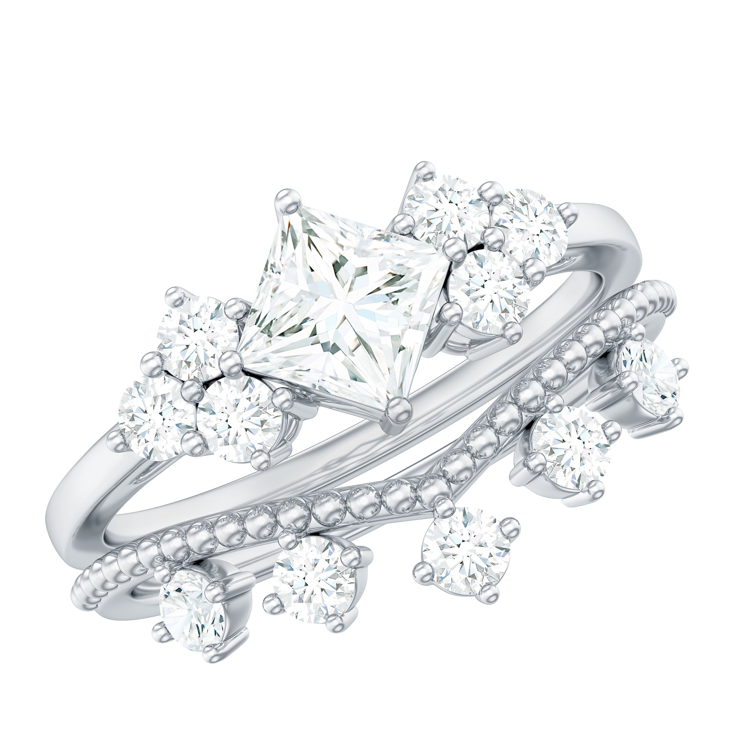 Princess and Round Cut Moissanite Wedding Ring Set D-VS1 - Rosec Jewels