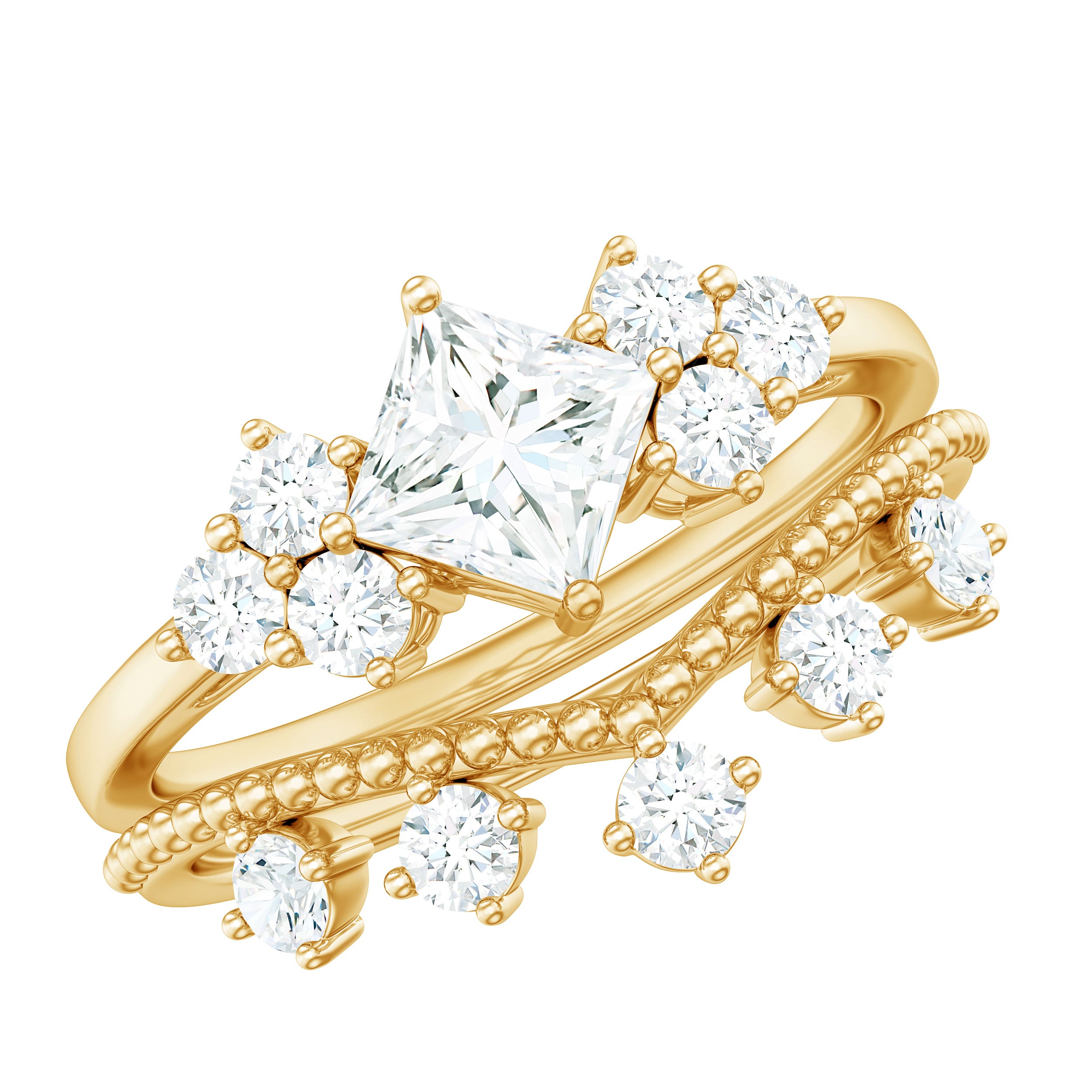 Princess and Round Cut Moissanite Wedding Ring Set D-VS1 - Rosec Jewels