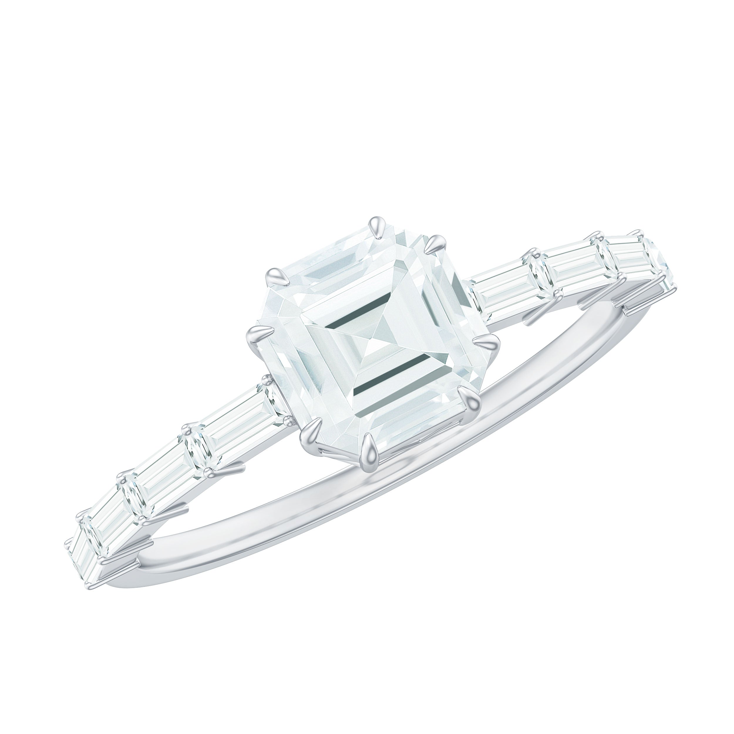 Asscher Cut Moissanite Engagement Ring with Baguette Side Stones