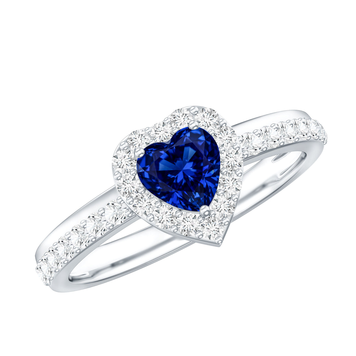Certified 0.9 Carat Lab Grown Blue Sapphire Heart Engagement Ring with Diamond Halo AAAA - Rosec Jewels