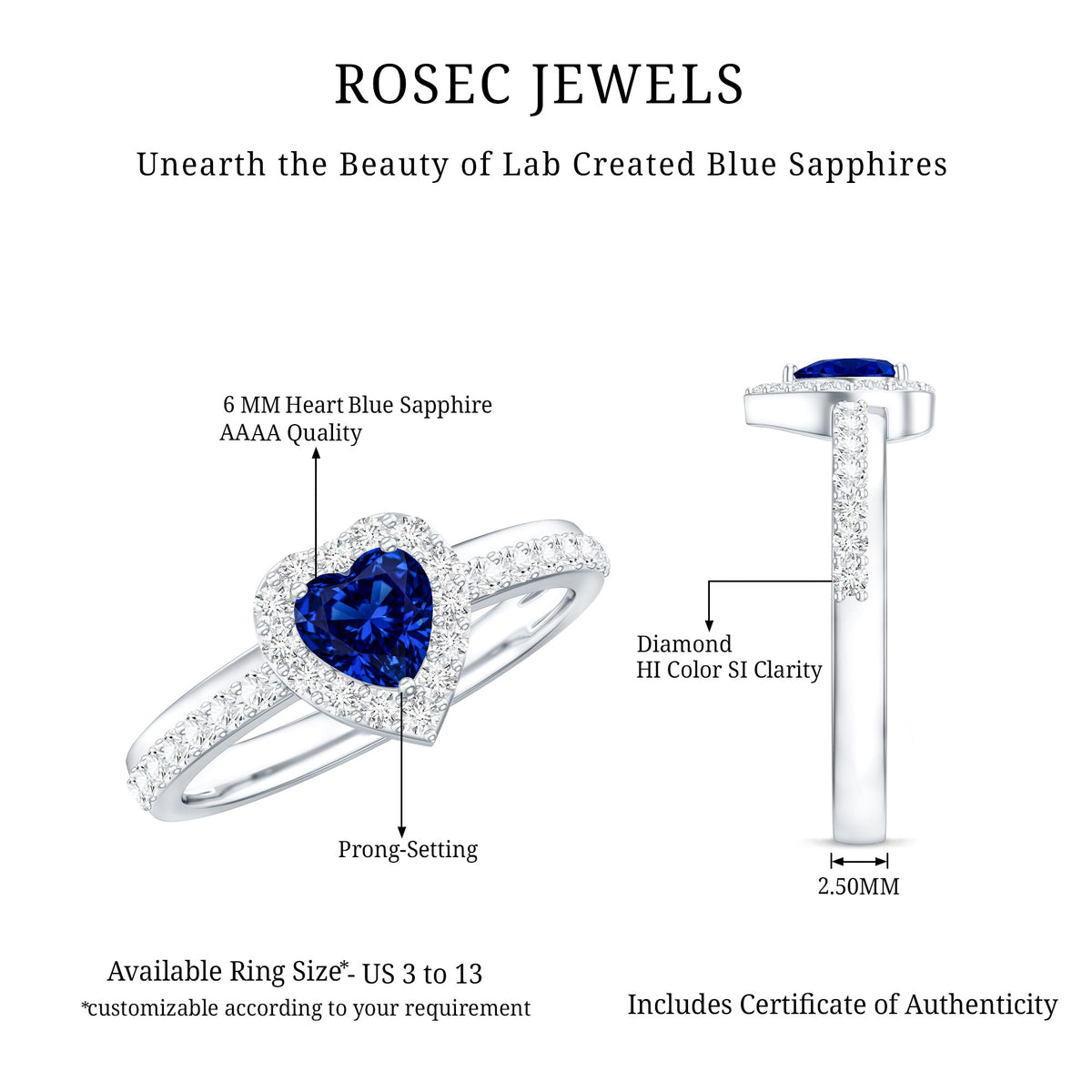Certified 0.9 Carat Lab Grown Blue Sapphire Heart Engagement Ring with Diamond Halo AAAA - Rosec Jewels