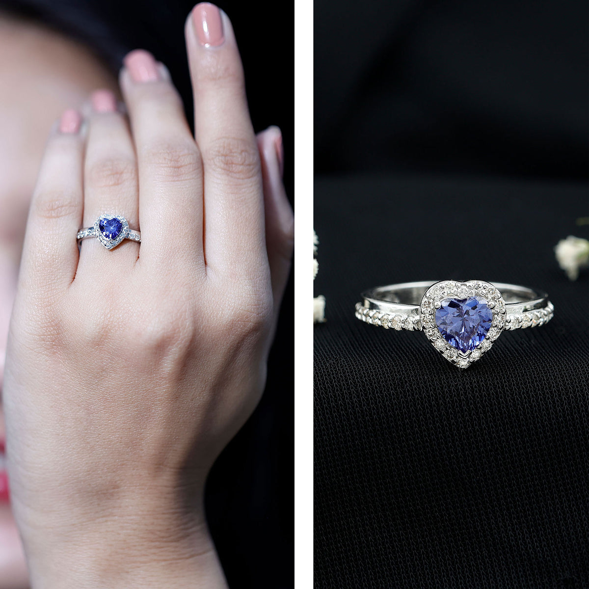 Certified 0.9 Carat Lab Grown Blue Sapphire Heart Engagement Ring with Diamond Halo AAAA - Rosec Jewels