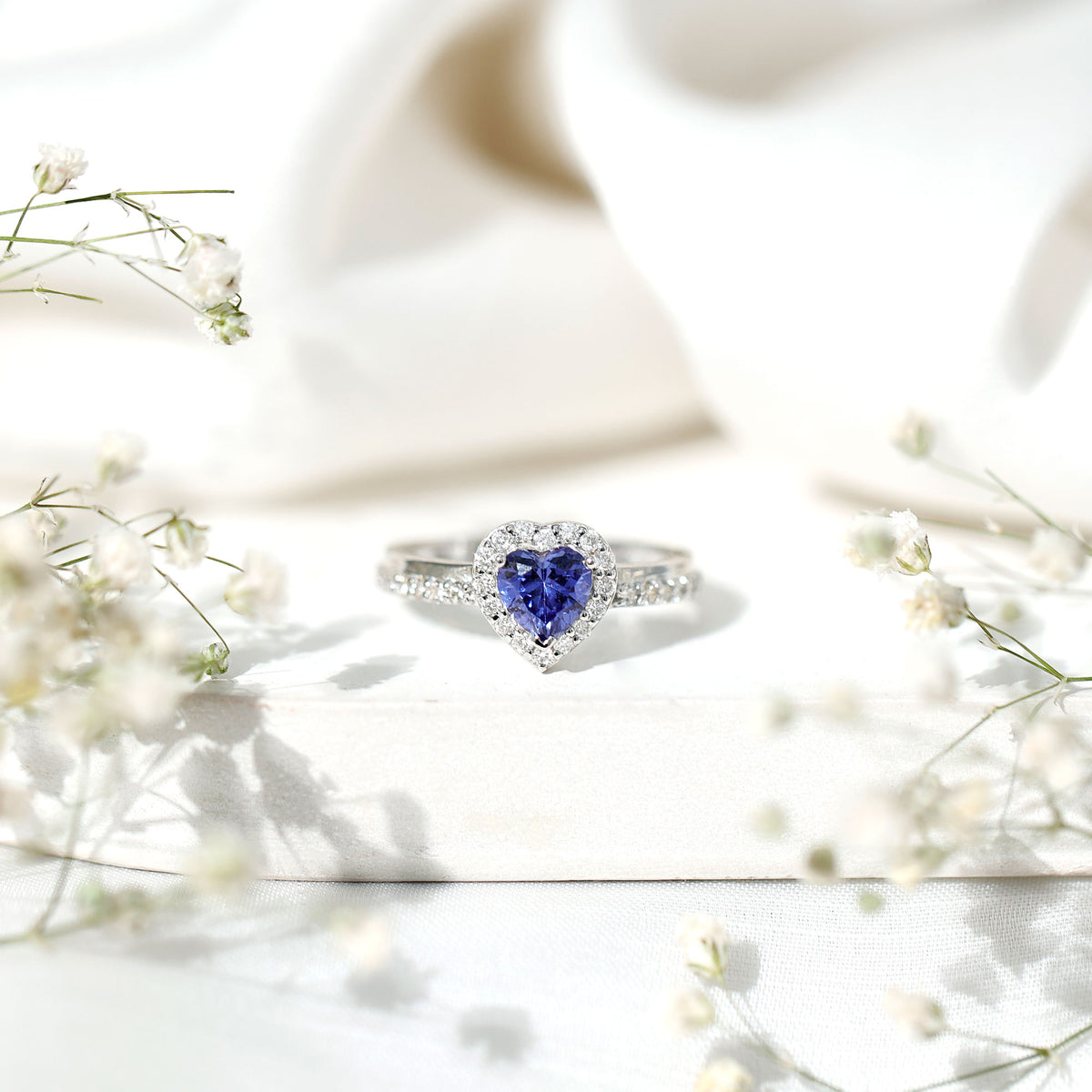 Certified 0.9 Carat Lab Grown Blue Sapphire Heart Engagement Ring with Diamond Halo AAAA - Rosec Jewels