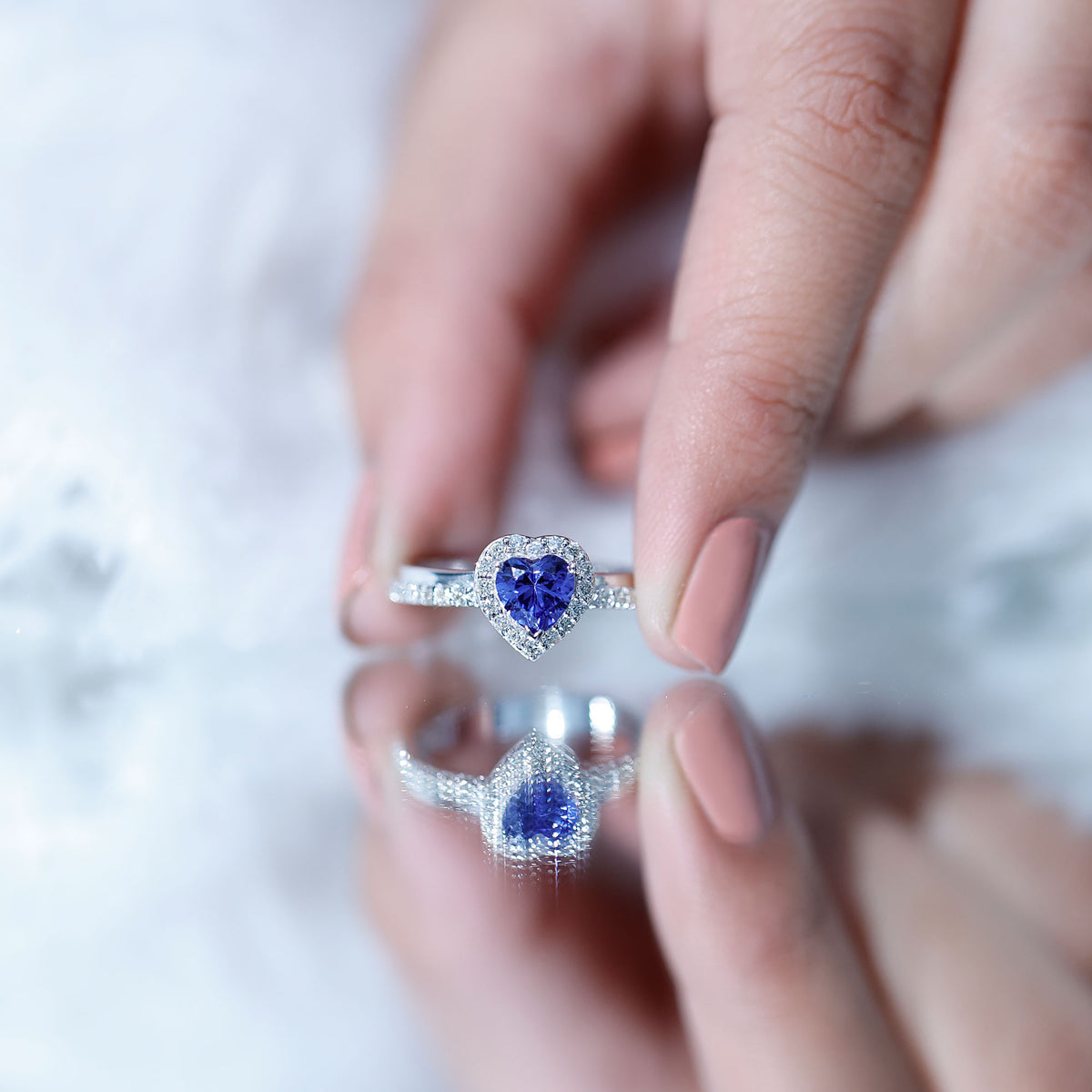Certified 0.9 Carat Lab Grown Blue Sapphire Heart Engagement Ring with Diamond Halo AAAA - Rosec Jewels