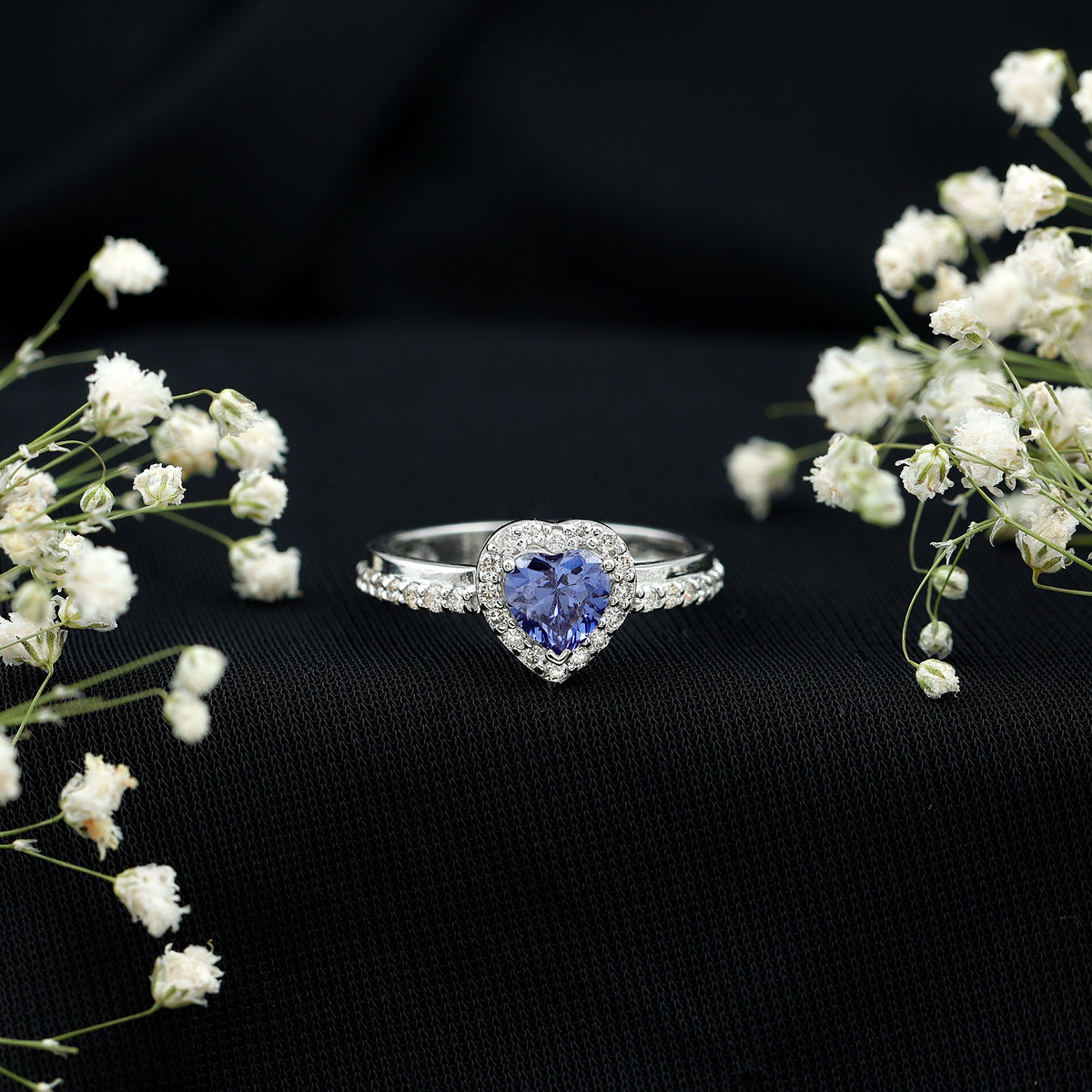 Certified 0.9 Carat Lab Grown Blue Sapphire Heart Engagement Ring with Diamond Halo AAAA - Rosec Jewels