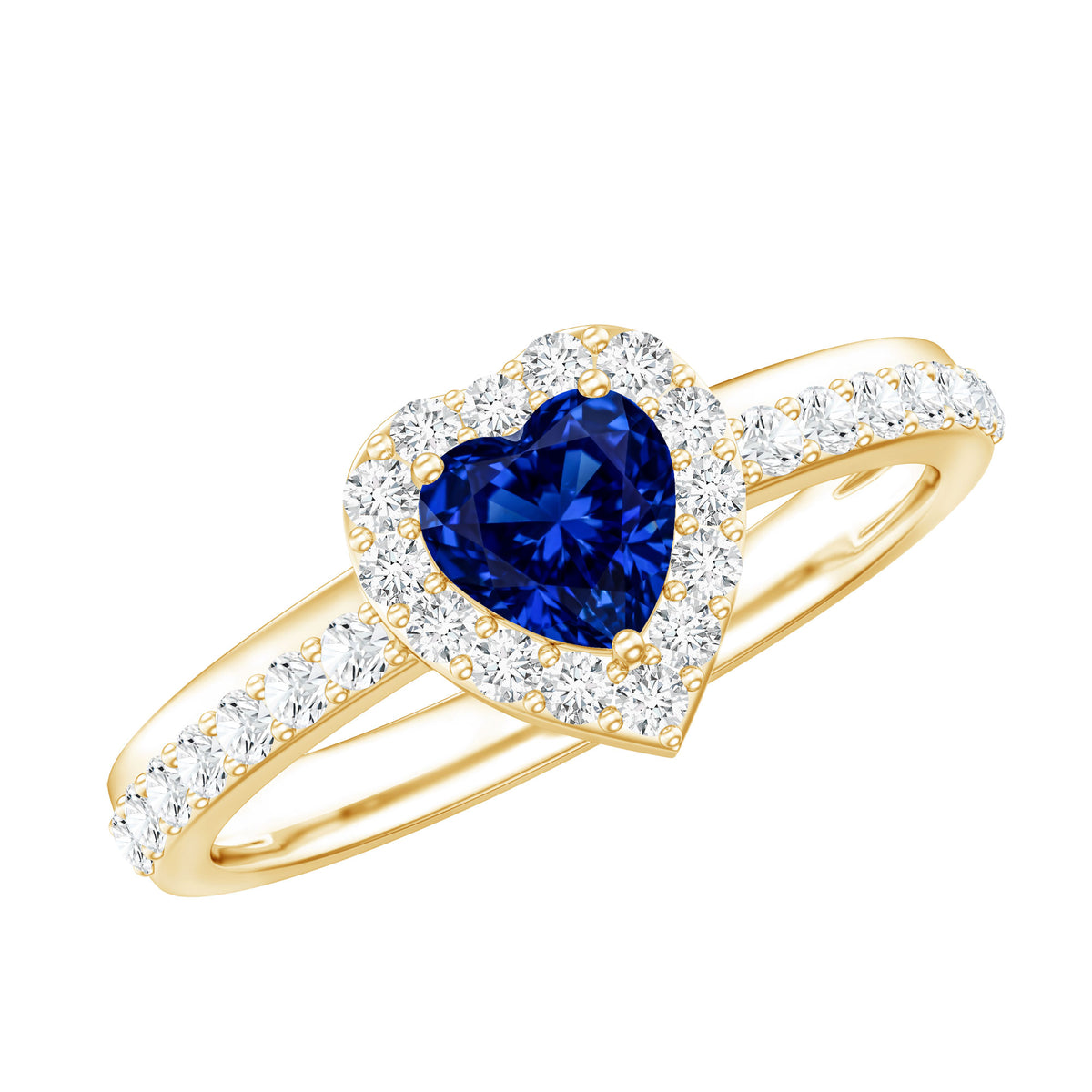 Certified 0.9 Carat Lab Grown Blue Sapphire Heart Engagement Ring with Diamond Halo AAAA - Rosec Jewels