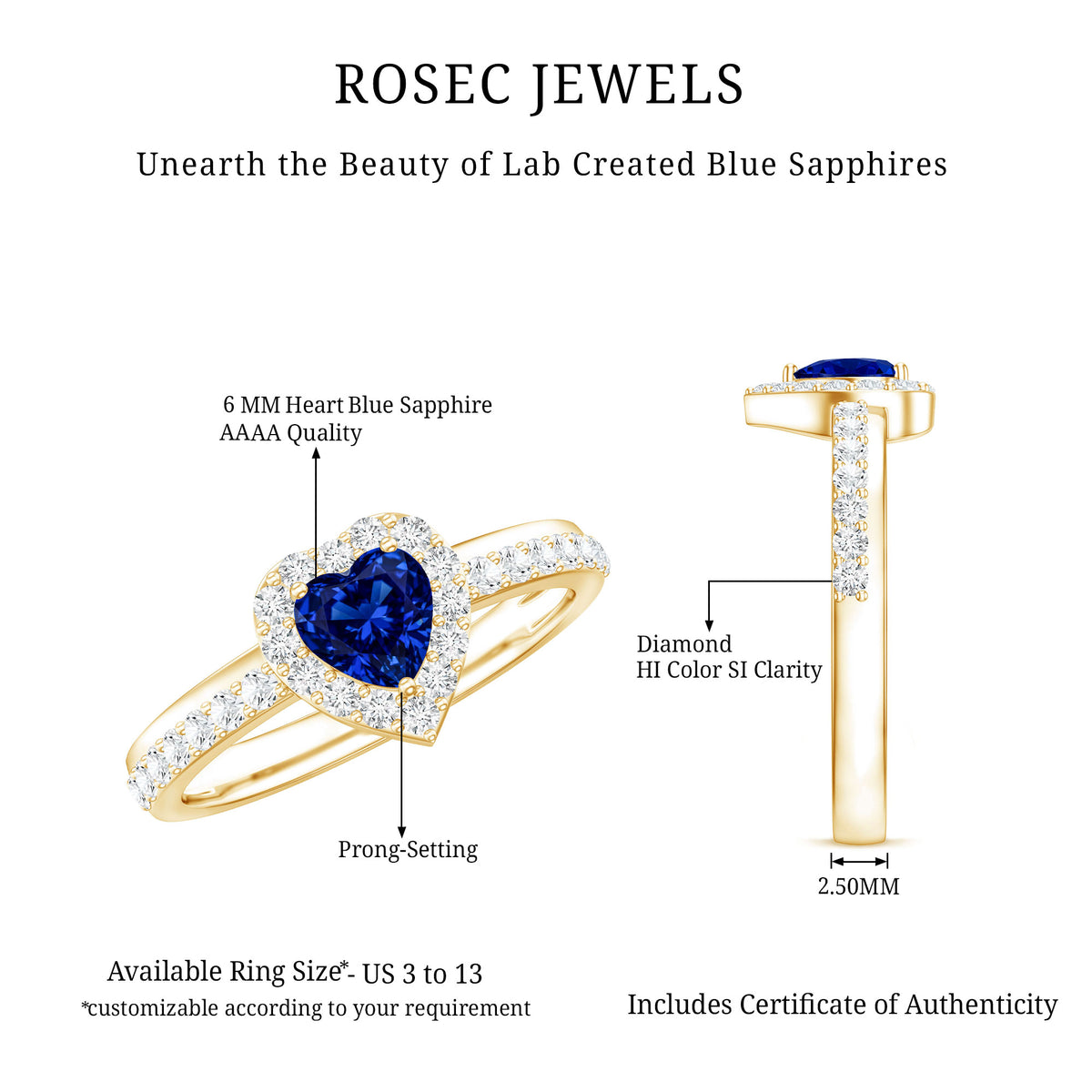 Certified 0.9 Carat Lab Grown Blue Sapphire Heart Engagement Ring with Diamond Halo AAAA - Rosec Jewels